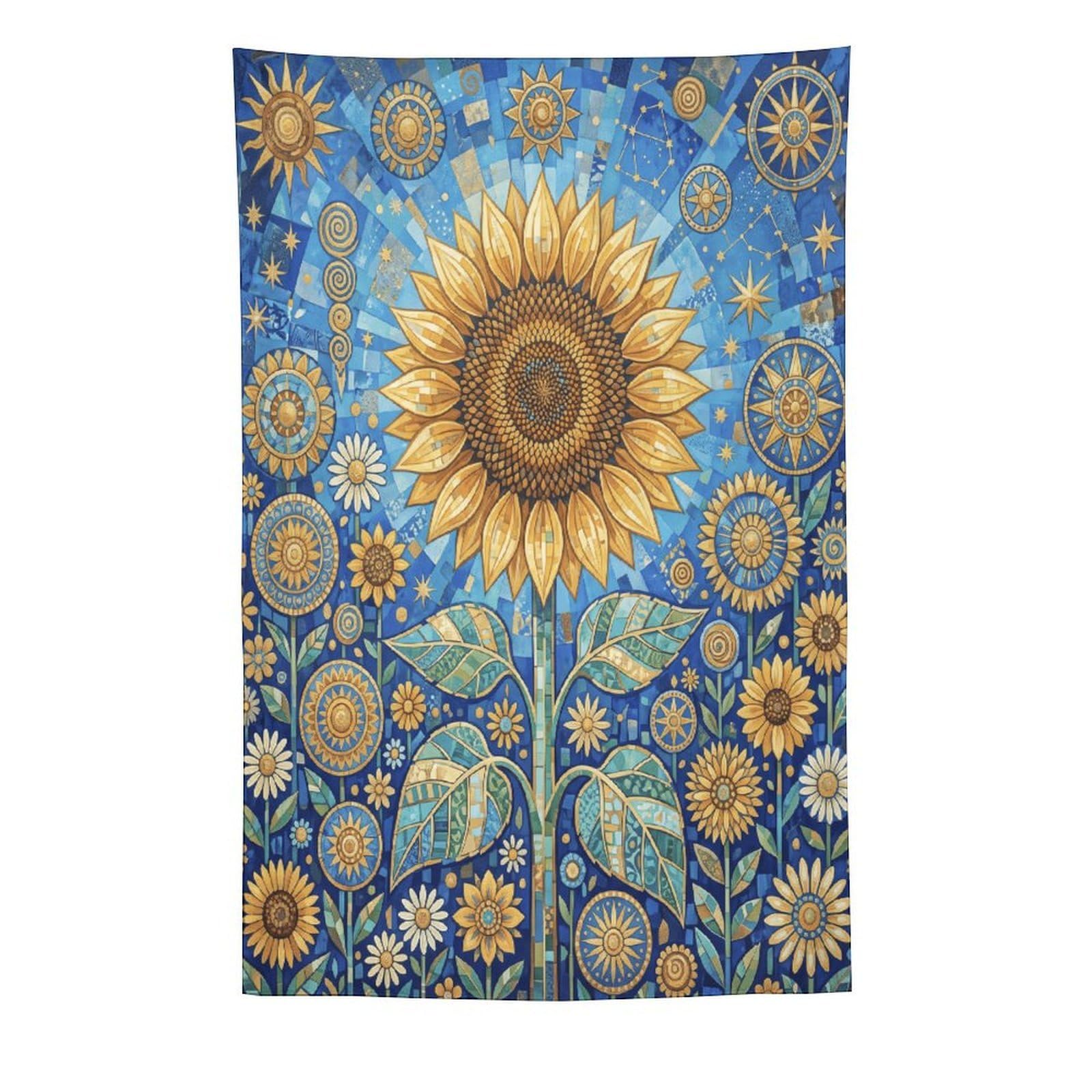 W7C8U2X3 Celestial Mosaic Sunflower Wall Tapestry, Mosaic Style, Entryway