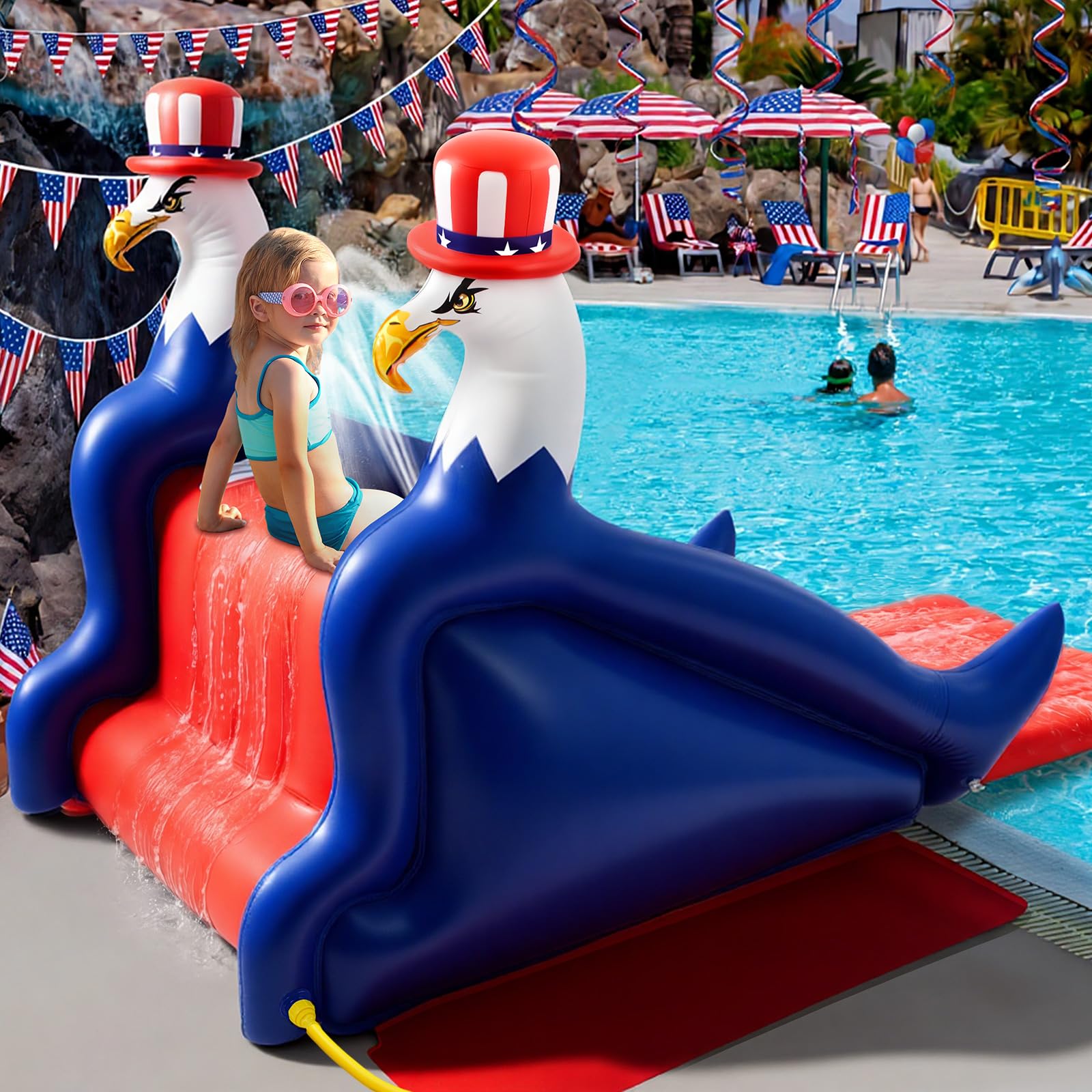 Photo 1 of Seenelling 98 Inch Patriotic Eagle Inflatable Pool Slide Giant Red White Blue Inflatable Water Slide for 4th of July Memorial Day Flag Day Pool Parties, 250th Anniversary Decorations