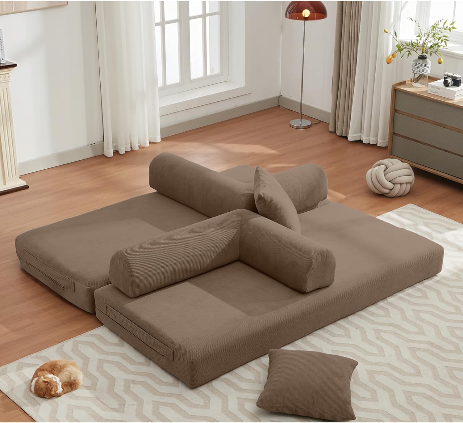 Folding Convertible Sofa Bed, 78.5 Inch Oversized Corduroy Upholstered Boneless Couch, Loveseat Sleeper Bed Floor Sofa Modular Couch for Living Room Bedroom Lounge, Brown