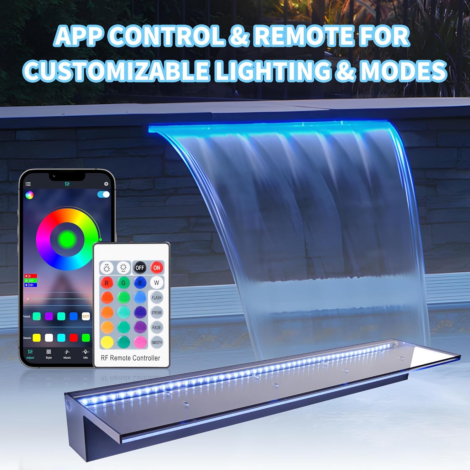 APP Control Acrylic Waterfall Spillway Pond Fountain with Multi-Color LED Lights - Sheer Descent Pool Fountain for Garden, Koi Pond, and Swimming Pool Decor (36 Inch)