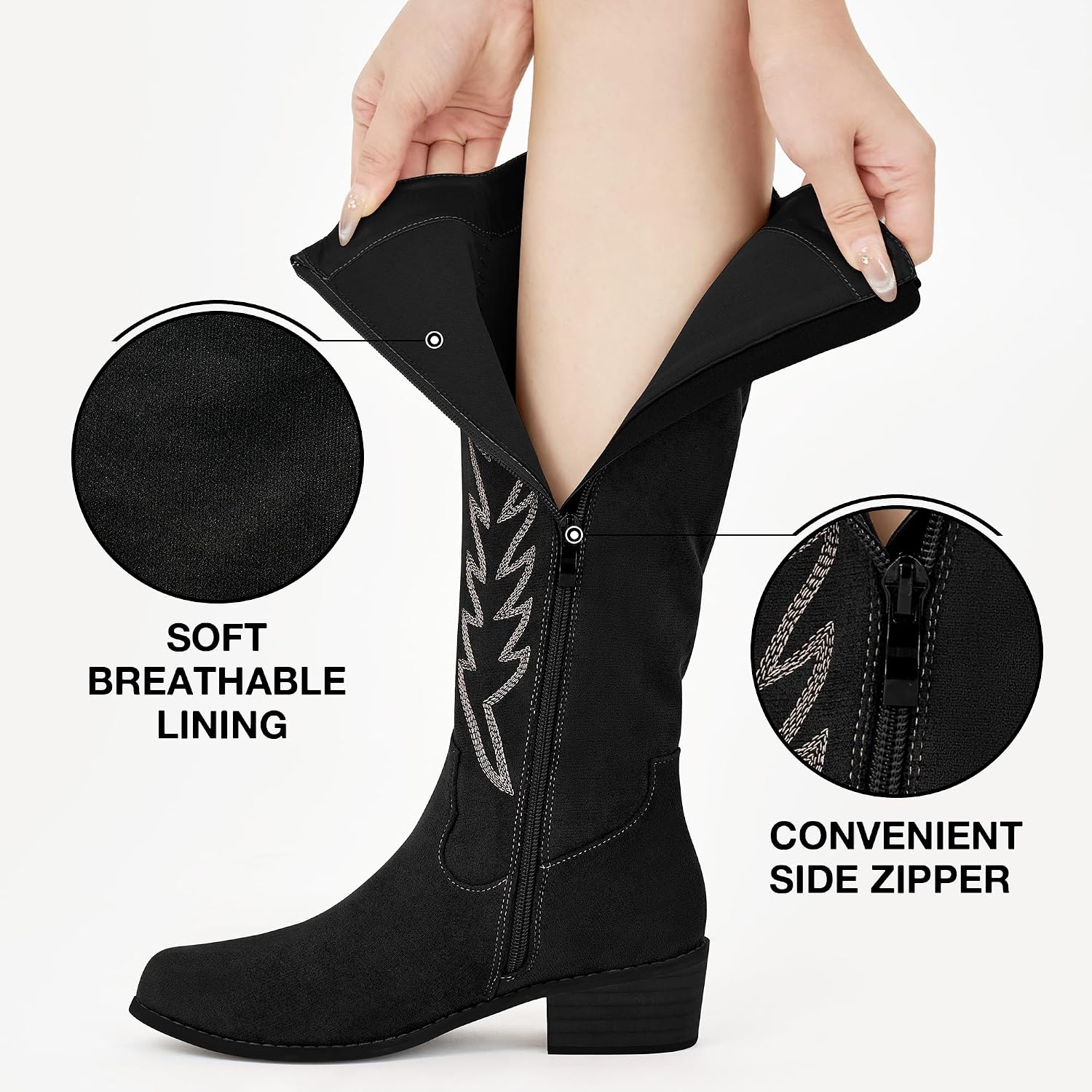 Ecetana Cowboy Boots for Women Knee High Suede Western Cowgirl Boots Pointed Toe Chunky Heel Tall Boot for Party Concert