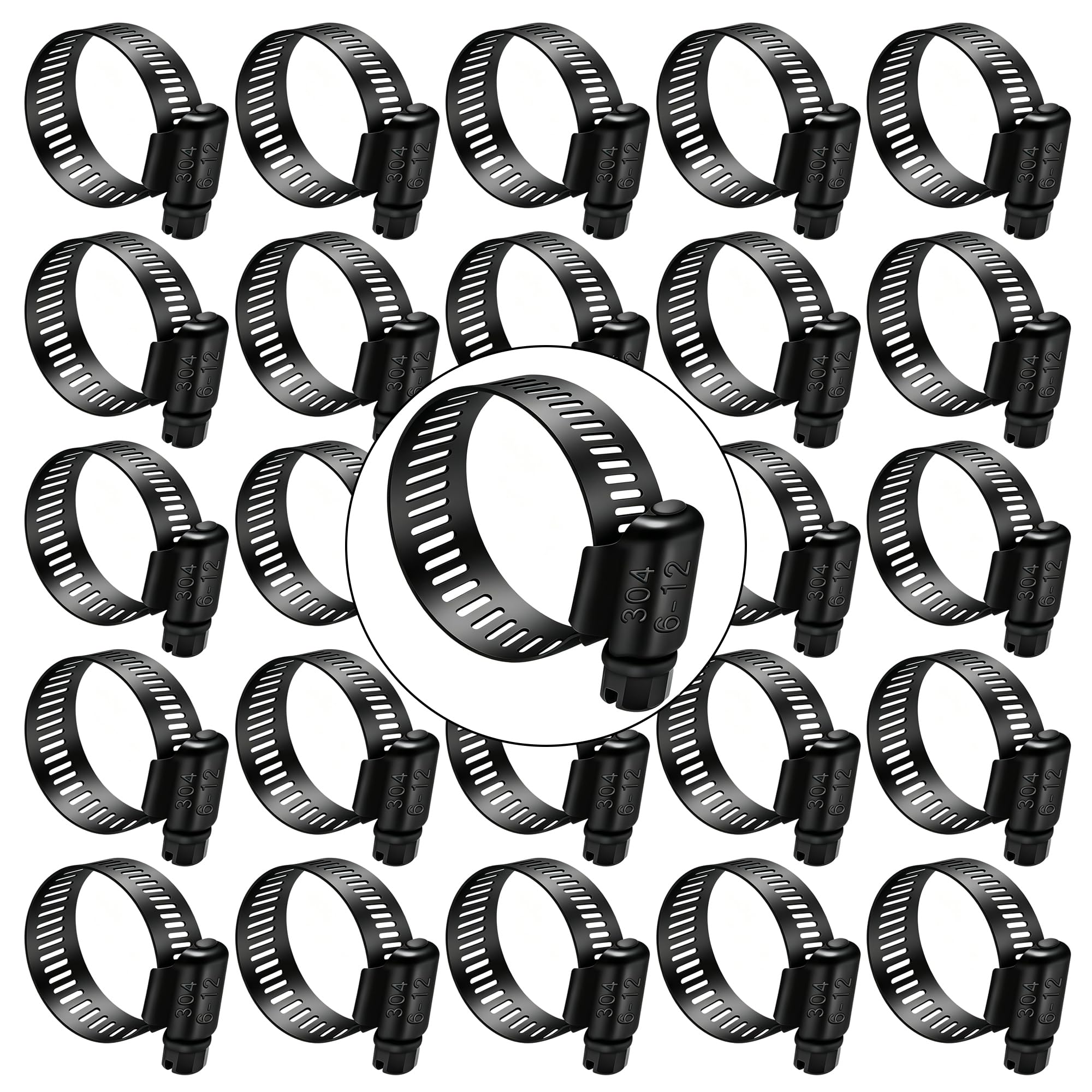 Dianrui 30 PCS Black Hose Clamps 1/4"–1/2" (6-12mm) 304 Stainless Steel Worm Gear Fuel Line Hose Pipe Clamps for Fuel Line, Plumbing, Intercooler and Tube