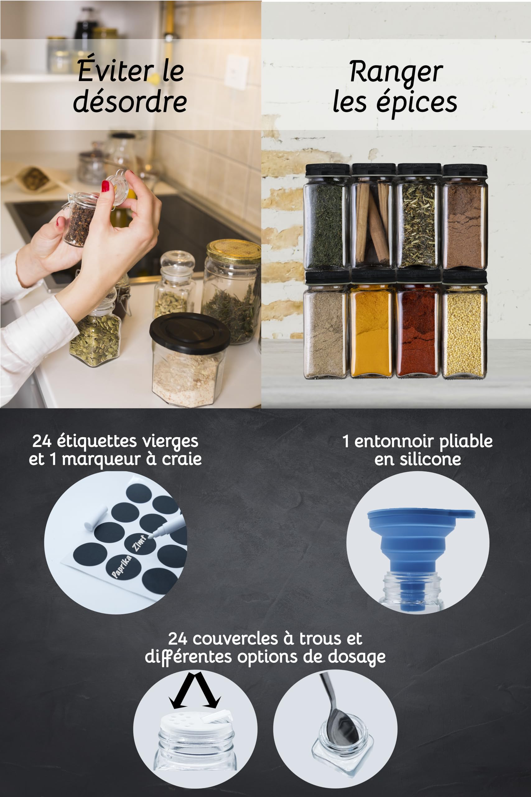 Lot de 24 x 120ml pots à épices en verre carré avec couvercle à vis, les étiquettes, les accessoires de saupoudrage et l'entonnoir en silicone (Métal)