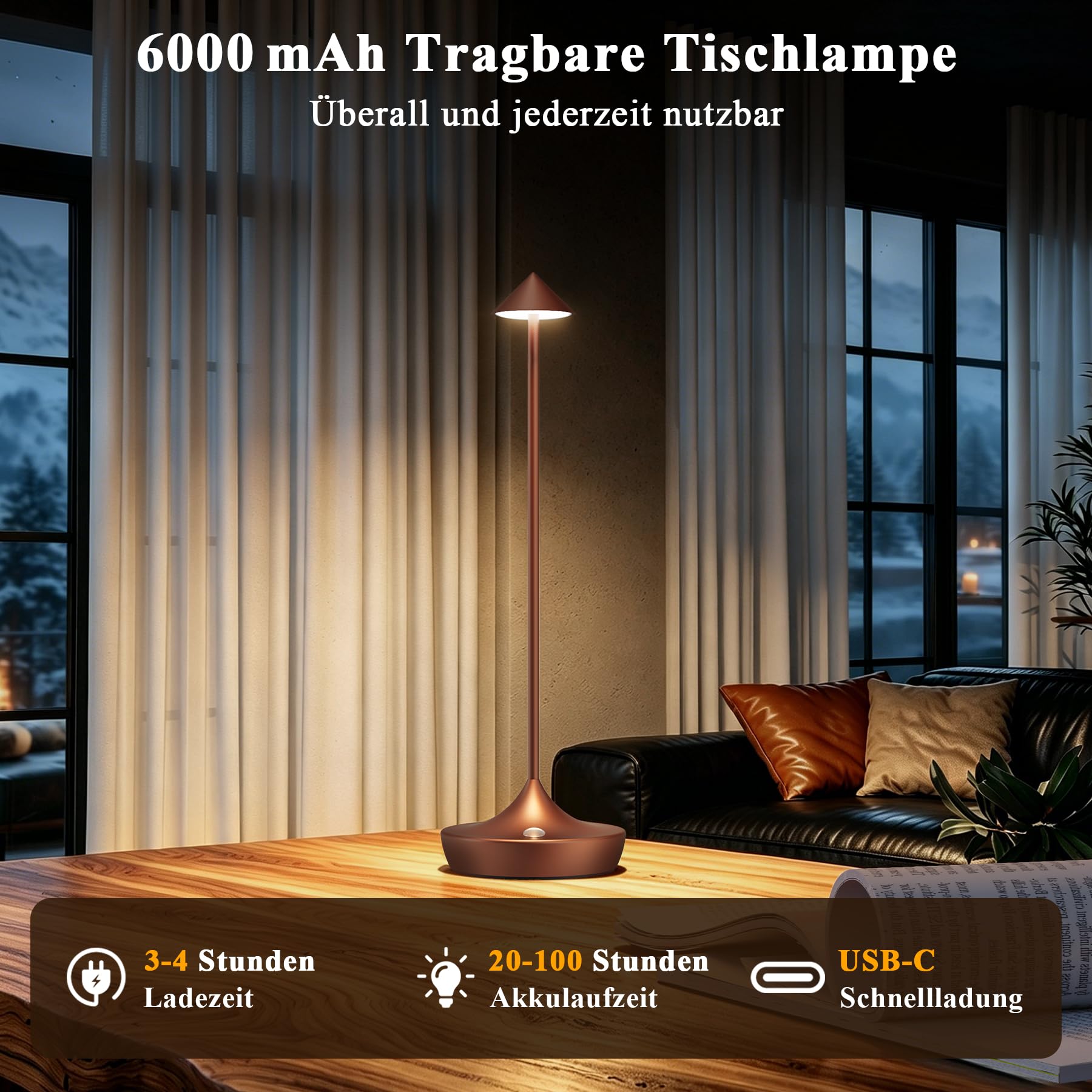 Bonsery LED Nachttischlampe 2er Set Braun, 3 Farbtemperatur Tischlampe Kabellos mit 6000mAh Akku & Wasserdicht, Touch Dimmbar Tischleuchte Aluminium für Innen & Außen, Geschenke für Frauen Mütter
