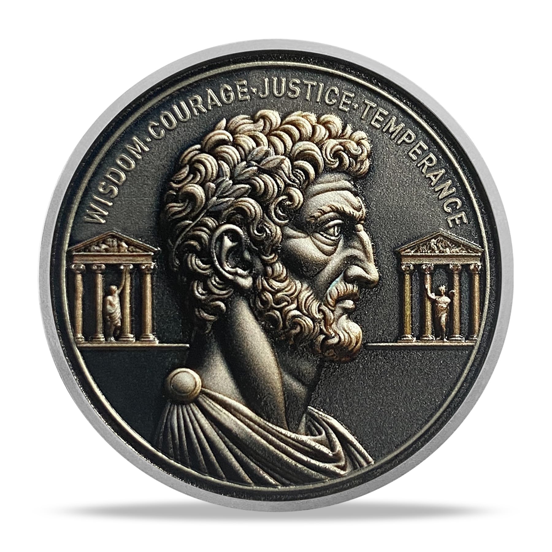 Marcus Aurelius Stoic Philosophy Coin - Medallion with Wisdom, Courage, Justice, Temperance Inscription - Ideal Motivational Gifts for Men & Women - Ideal for Personal Growth and Inspiration