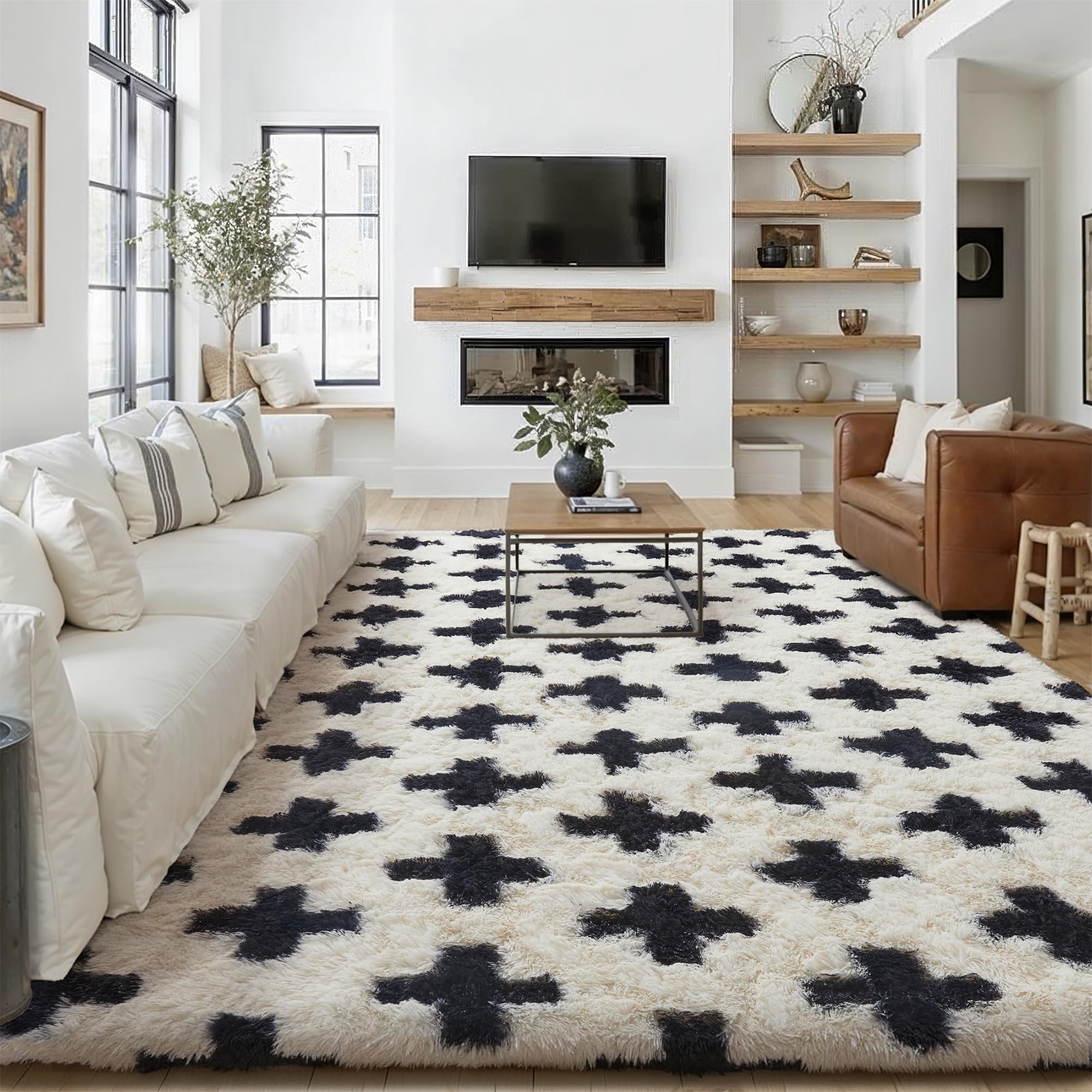 PureCozy Black and White Rug 6x9 for Living Room, Super Soft Modern Shag Rug Washable Fluffy Rugs Indoor Fuzzy Carpet Non-Slip Fluffy Rugs for Bedroom