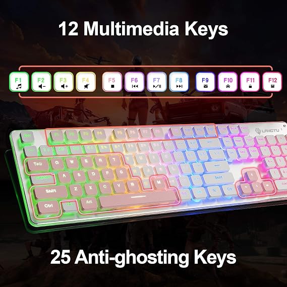 LANGTU Membran Oyun Klavyesi, Gökkuşağı LED Arkadan Aydınlatmalı Sessiz Klavye, Ofis için USB Kablolu Tamamen Metal Panel 25 Tuşlu Anti-Gölgelenme Bilgisayar Klavyesi 104 Tuşlu - L1 Beyaz/Gümüş