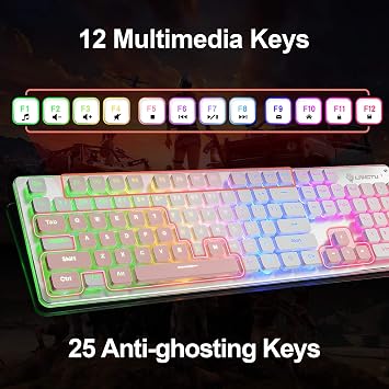 LANGTU Membran Oyun Klavyesi, Gökkuşağı LED Arkadan Aydınlatmalı Sessiz Klavye, Ofis için USB Kablolu Tamamen Metal Panel 25 Tuşlu Anti-Gölgelenme Bilgisayar Klavyesi 104 Tuşlu - L1 Beyaz/Gümüş