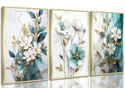 3Pcs White Gold Flower Canvas Wall Art Modern Luxury Blue