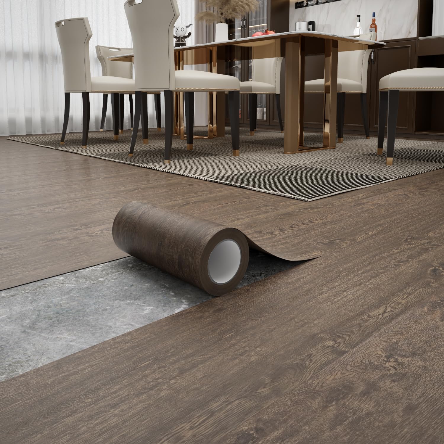 Peel and Stick Floor Tile 11.8” x 590” Vinyl Flooring Roll Cover 48.4 Sq.Ft. Waterproof Scratch-Resistant DIY Self-Adhesive PVC Wood Flooring for Renter, Kitchen, Bathroom, RV, Brown