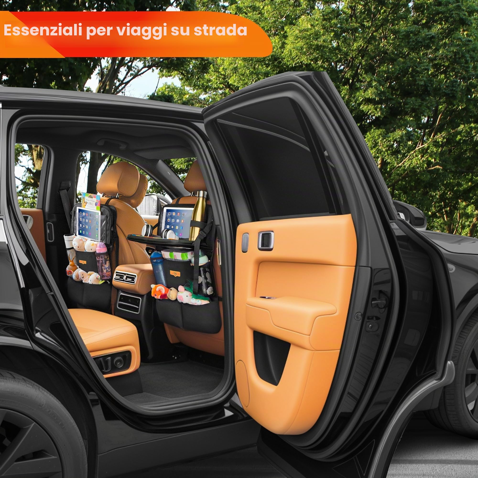SURDOCA Organizer per auto per bambini con tavolo pieghevole, organizer per sedili posteriori con scomparto per tablet touchscreen, protezione per lo schienale impermeabile, si adatta alla maggior