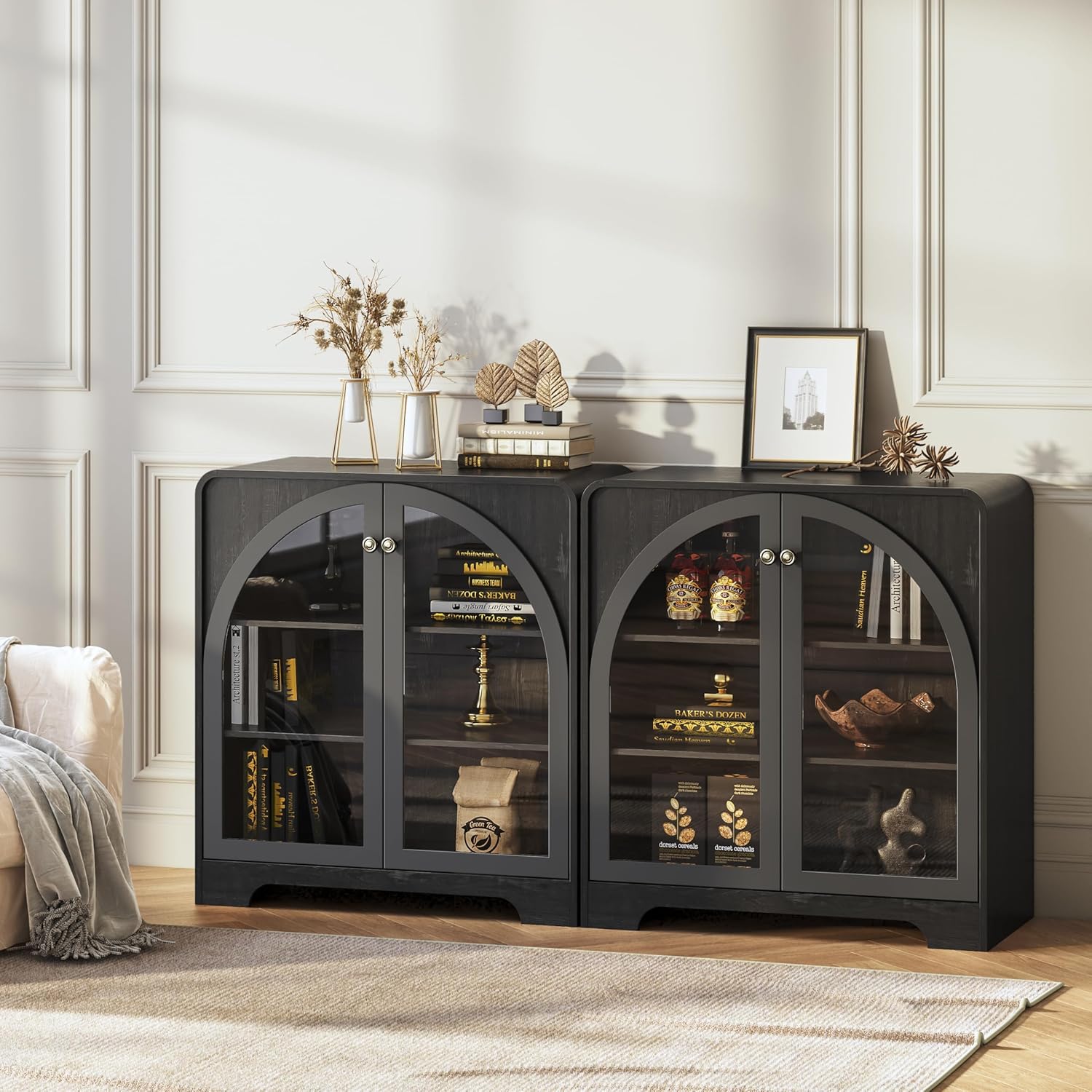 Storage Cabinet with Arched Glass Doors and Adjustable Shelves, Buffet Sideboard Coffee Bar Modern Credenza Accent Cabinet, Floor Storage Cabinet for Kitchen, Living Dining Room, 1 Piece