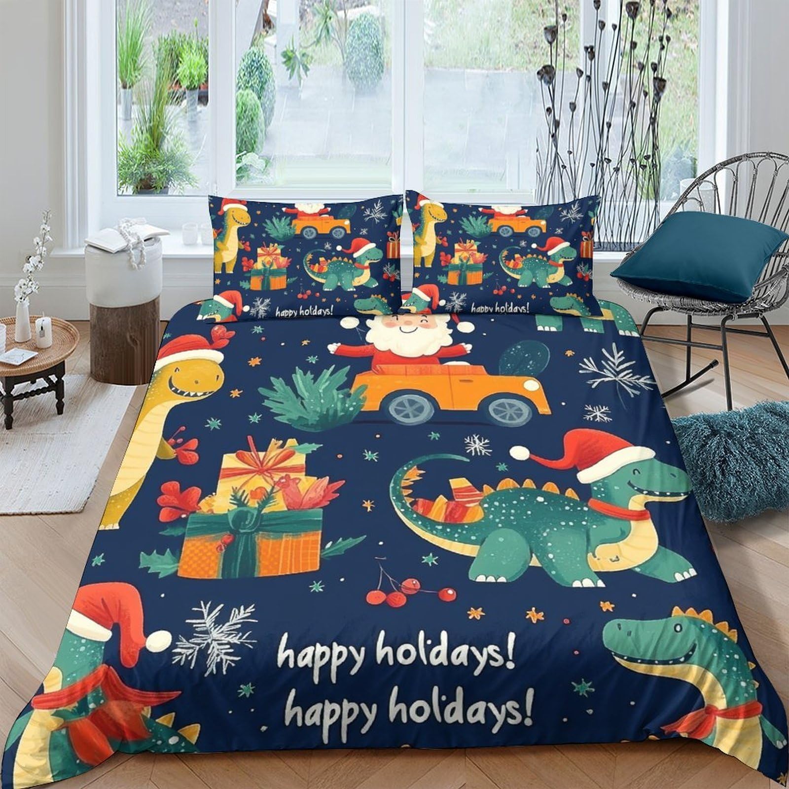 GPLZQXKJNH 3D Printed Christmas Dinosaur Duvet Cover Set Microfiber Festive Holiday Bedding with 2 Pillowcases for Bedroom Single（135x200cm）