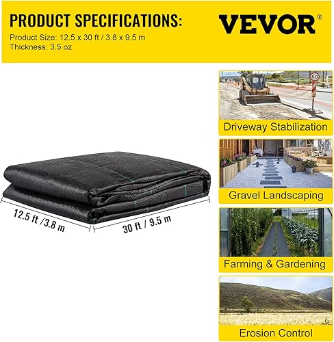 Miniatura 7 de VEVOR - Cubierta de tela geotextil tejida de alta resistencia para entrada, jardín, control y barrera contra malezas, cubierta para suelo, 12.5 x 30