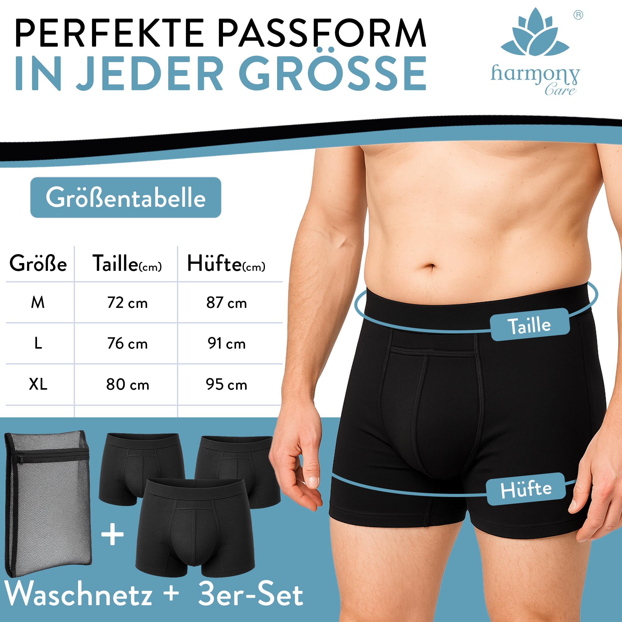 Harmony Care® 3x Premium waschbare Inkontinenz Pants Männer - extra auslaufsichere Unterhose bei leichter Blasenschwäche - diskrete Inkontinenz Shorts inkl. Waschnetz - Medium