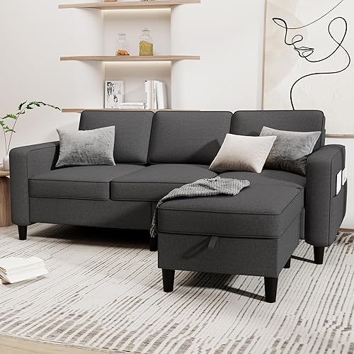 Miniatura 3 de Camillas seccionales para sala de estar, sofá convertible en forma de L, sofá moderno de lino gris de 3 plazas, sofás de 78 pulgadas con otomana de