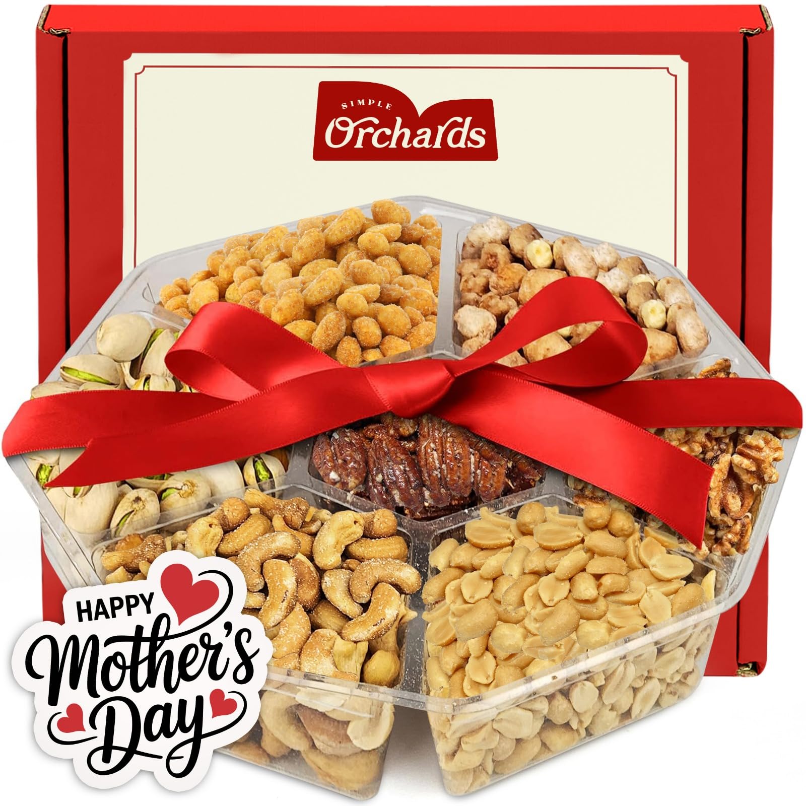 Mothers Day Nuts Gift Basket - 7 Sectional Platter With a Variety of Freshly Roasted Nuts - Beautifully Packaged Gift for Birthday, Sympathy. Large Family Pack.