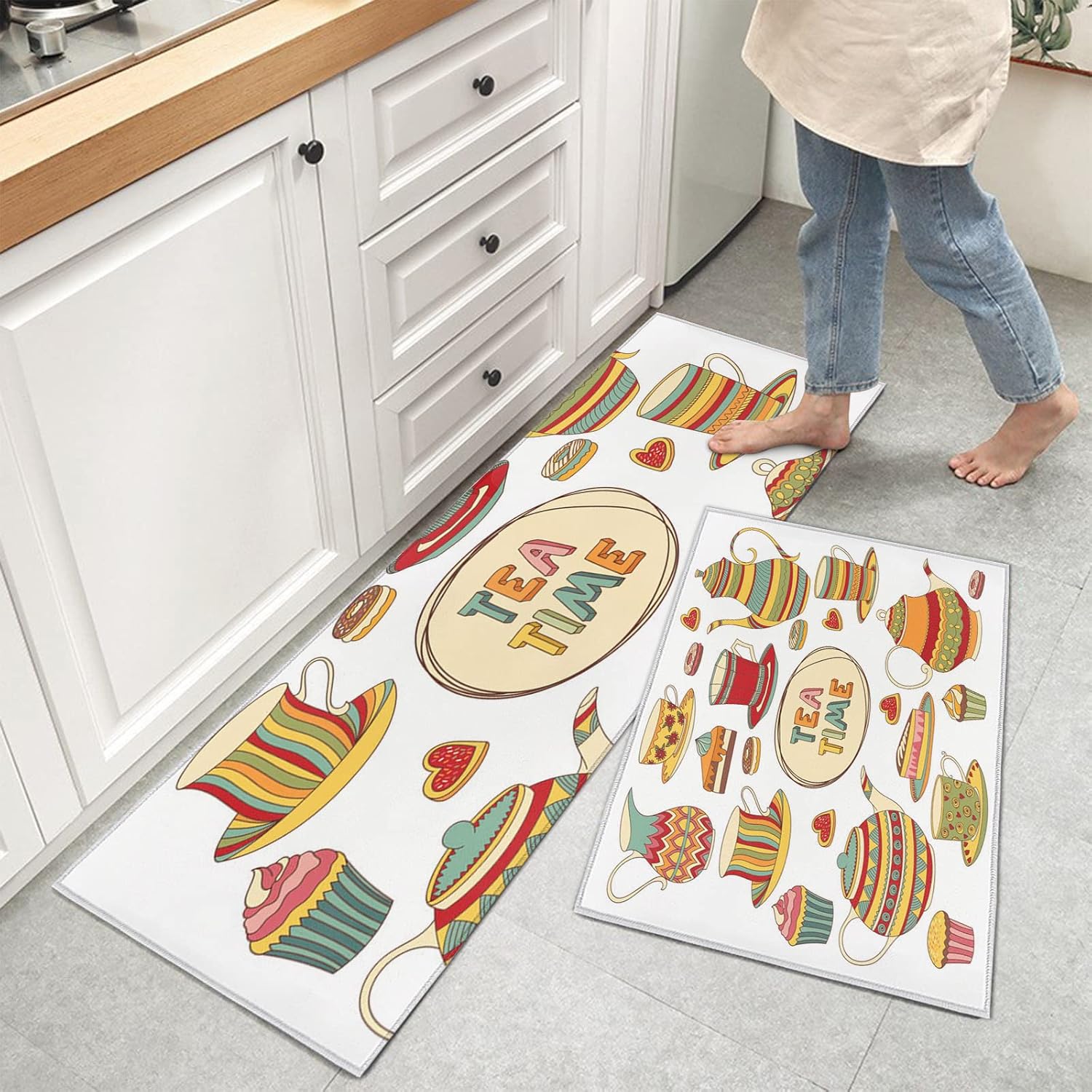 Kitchen Mats for Floor, Teapot Cute Painting Kitchen Rugs
