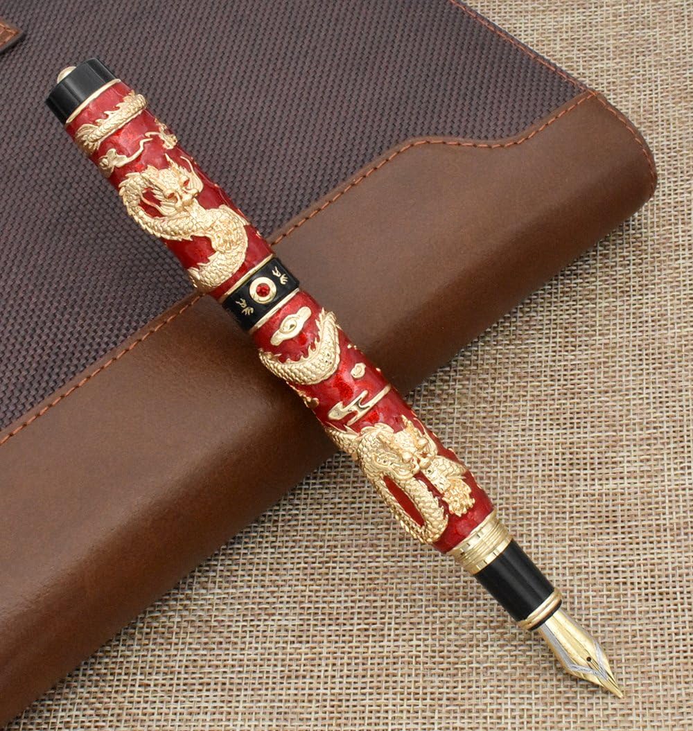 Jinhao Fountain pen, Handmade Cloisonne Enamel Painting Chinese Dragon, Medium Nib, Signature and Collection Pens, Business Pen (Red)