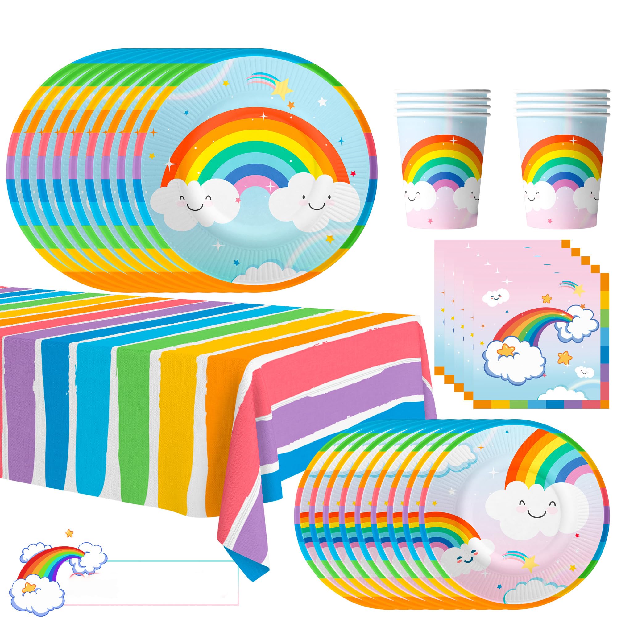 Set di Stoviglie per Feste Arcobaleno, 20 Ospiti Stoviglie per Festa di Tema Arcobaleno includ Piatti Arcobaleno Bicchieri Tovaglioli Tovaglia etc Stoviglie Compleanno Arcobaleno per Bambina