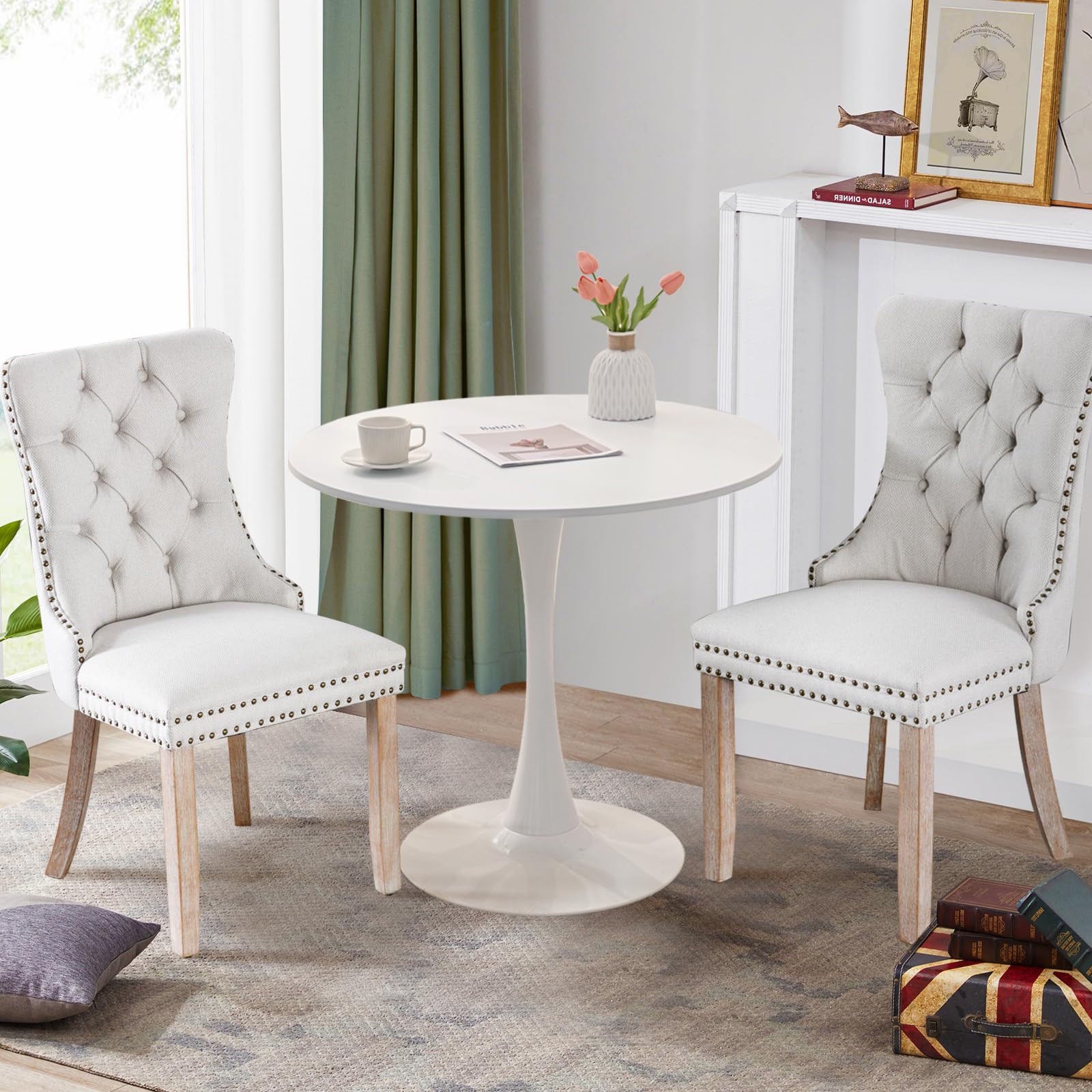 SoarFlash Kitchen Table and Chairs for 2, 31.5" Dining Table Set for 2 with Linen Upholstered Chairs, 3 Piece Round Kitchen Table Set, Dining Room