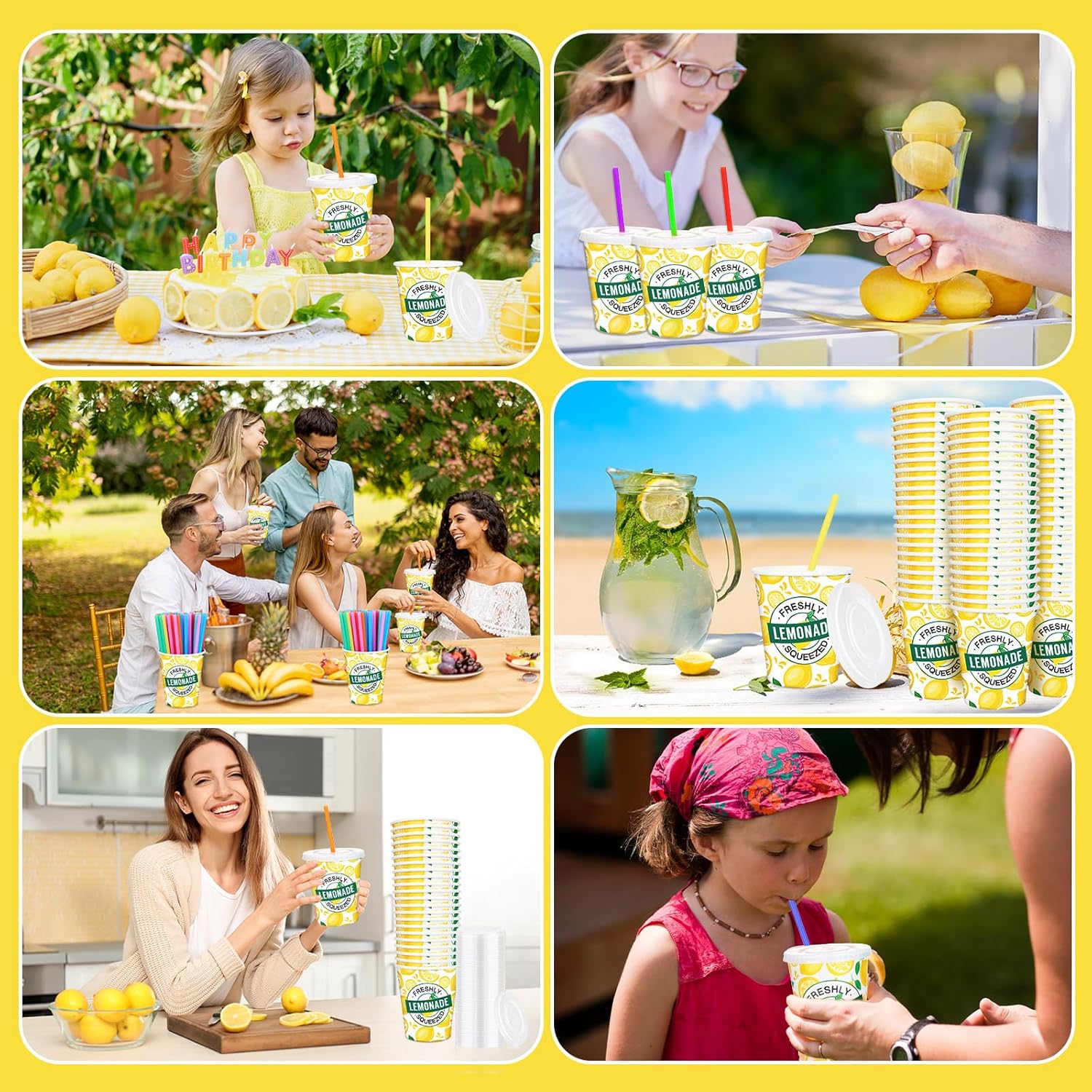Meanplan 300 Pieces/100 Sets Lemonade Cups with Lids and Straws Disposable Cups for Party Decorative Lemon Paper Cup Lemonade Stand Supplies for Water Juice Kitchen Coffee Birthday Decorations (9 oz)