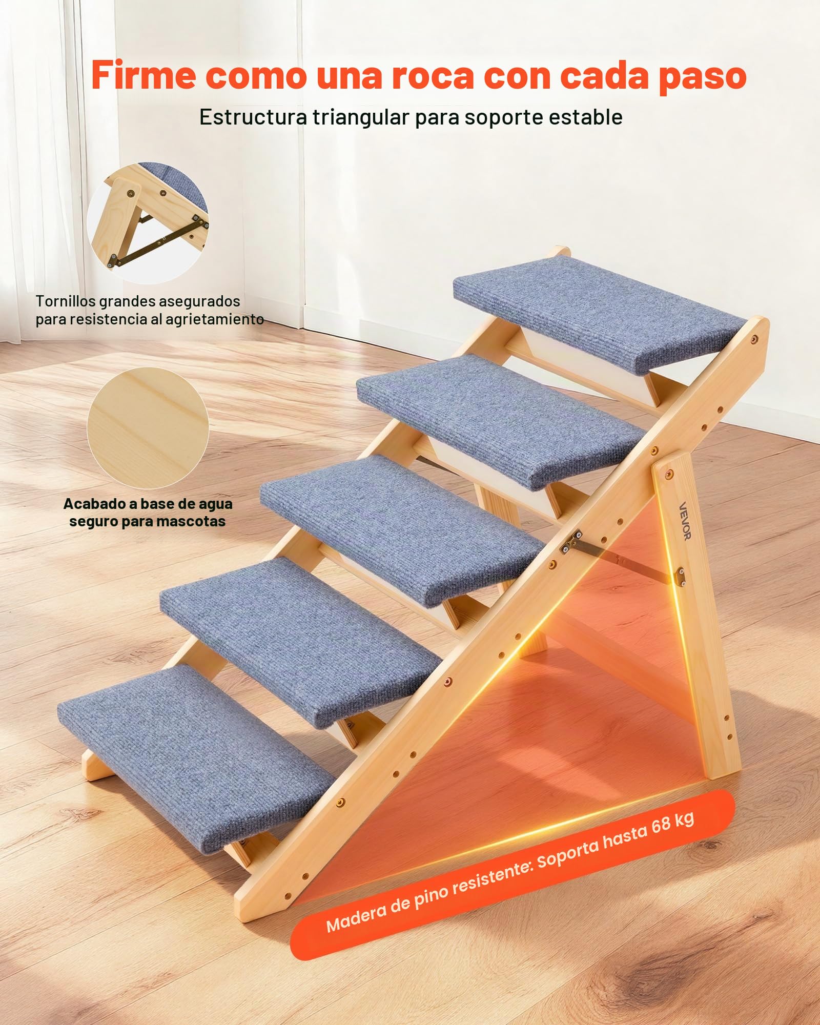 VEVOR Escalera de Madera para Mascotas, 5 Peldaños para Camas, Sofás y Coches, Carga de 68 kg, Diseño Plano y Plegable, Estable y Resistente, para Perros y Gatos Pequeños, Medianos y Grandes