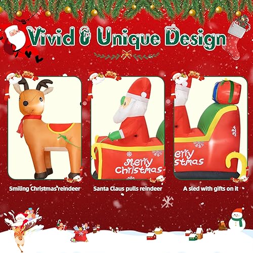 Vista 4 de Inflables de Navidad de 12 pies de largo, decoraciones para exteriores, inflables de Papá Noel en trineo de renos, luces LED integradas