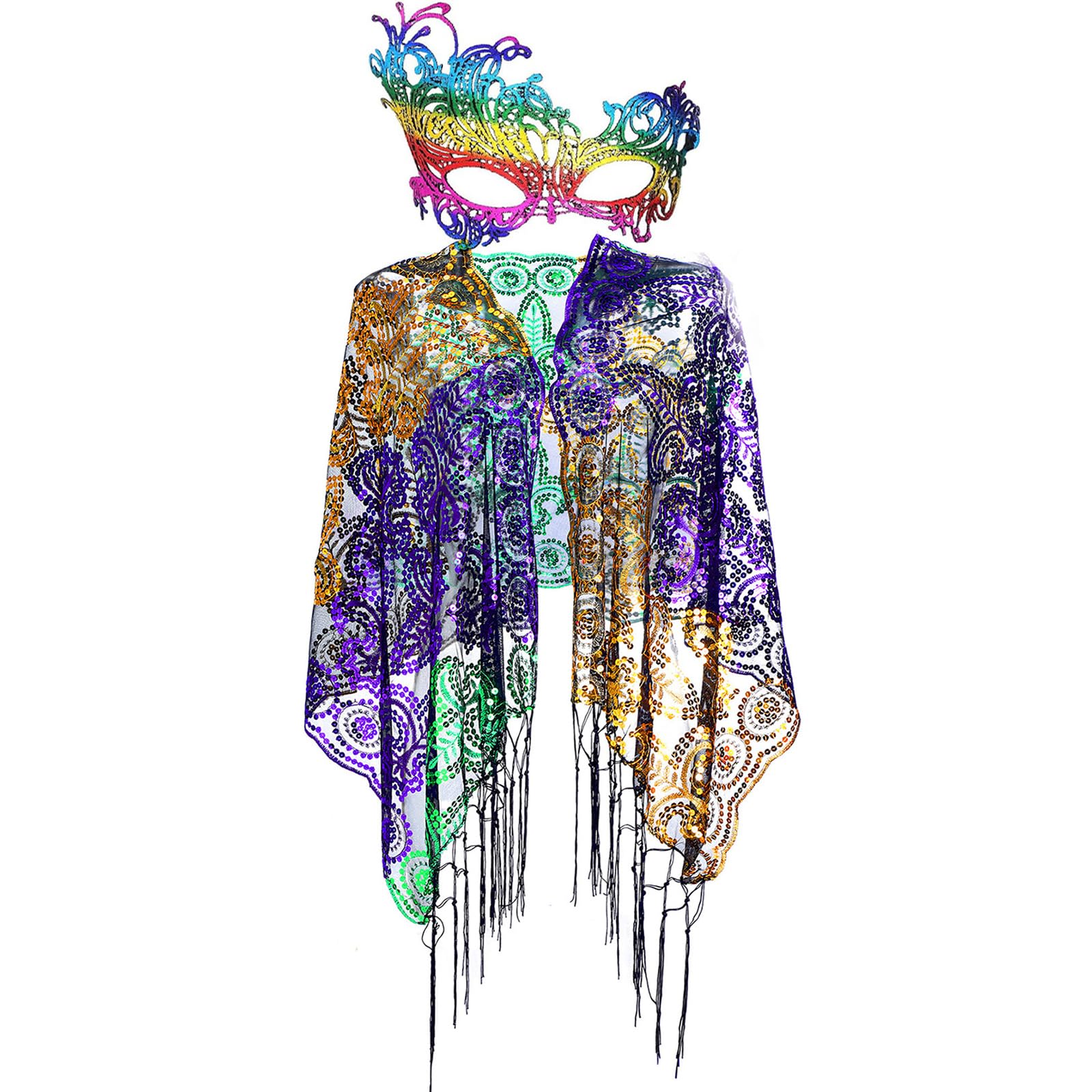 Frienda Mardi Gras Costume for Women Mardi Gras Outfit Accessories Mesh Scarf Shawl with Tassel Mask for Masquerade Carnival Party