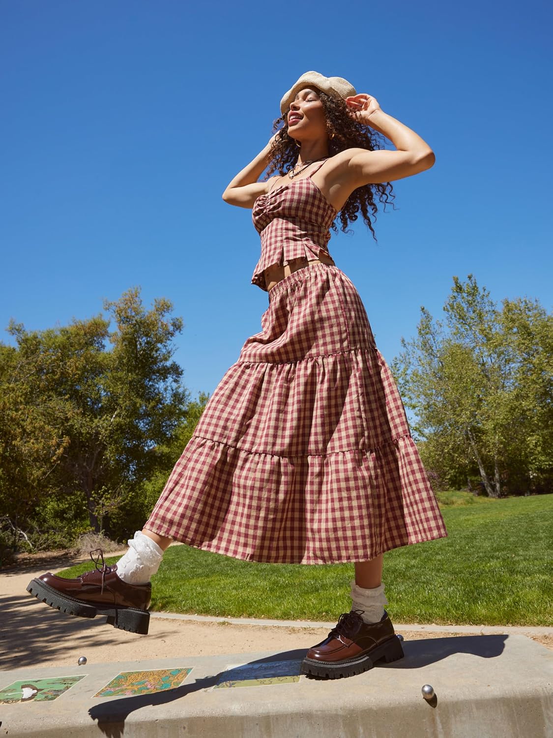 CIDER Gingham Tiered Maxi Skirt Long Skirts for Women A Line High Waist Flowy Skirt Casual Woven Midi Skirt - Image 4