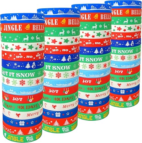 60 pulseras de silicona de Navidad, pulseras de goma, 15 estilos, diseñadas para decoración navideña, suministros de fiesta