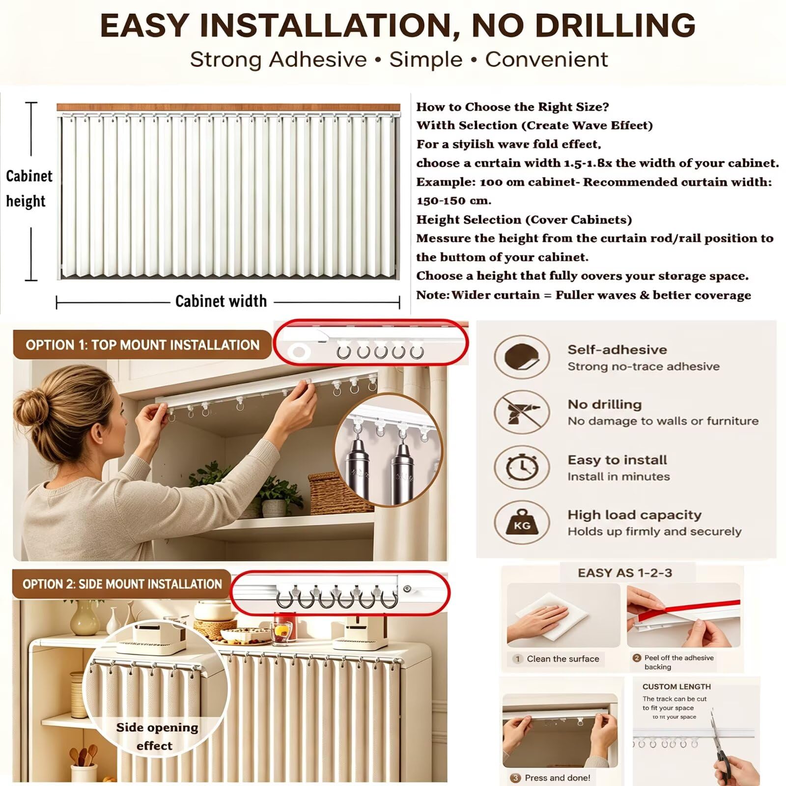 Rideau Placard avec Rail Auto-Adhésif W160 x H110cm Bleu