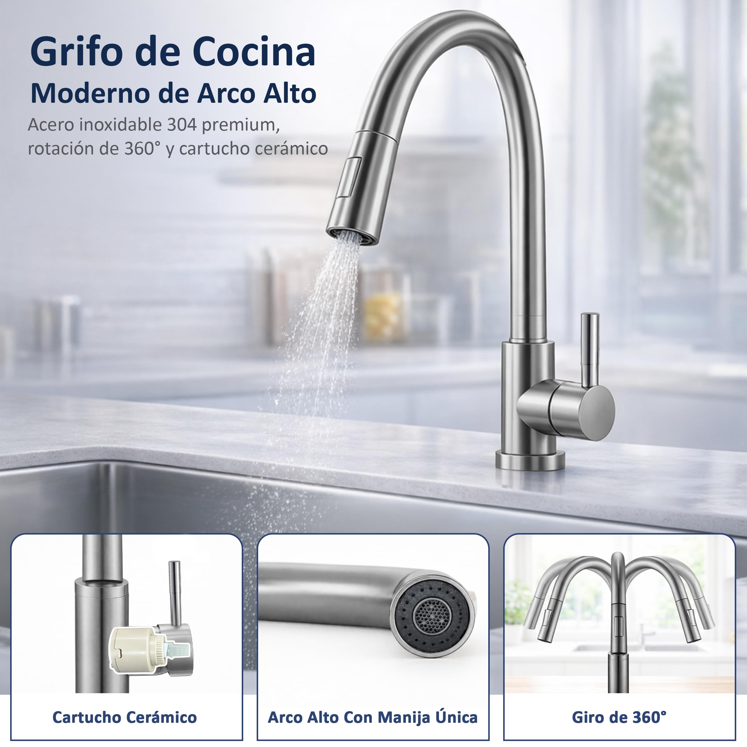 Grifo Cocina Extraible 360° Acero Inoxidable 304 – 2 Modos de Rociador, Manguera Extensible, Instalación Fácil, Compatible Estándar, Agua Fría y Caliente – Grifos Cocina Fregadero Moderno — view 3