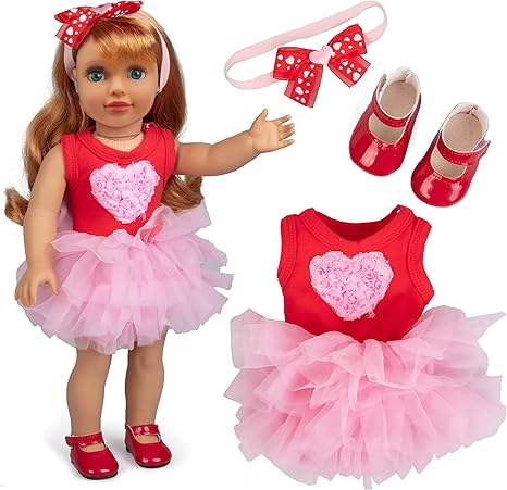 3pc Pink Heart Valentine's Day 18" Doll Outfit w Hair Bow - American Clothes & Accessories Set Includes Valentines Day Dress, Headband, & Shoes - Girl Valentines Gift