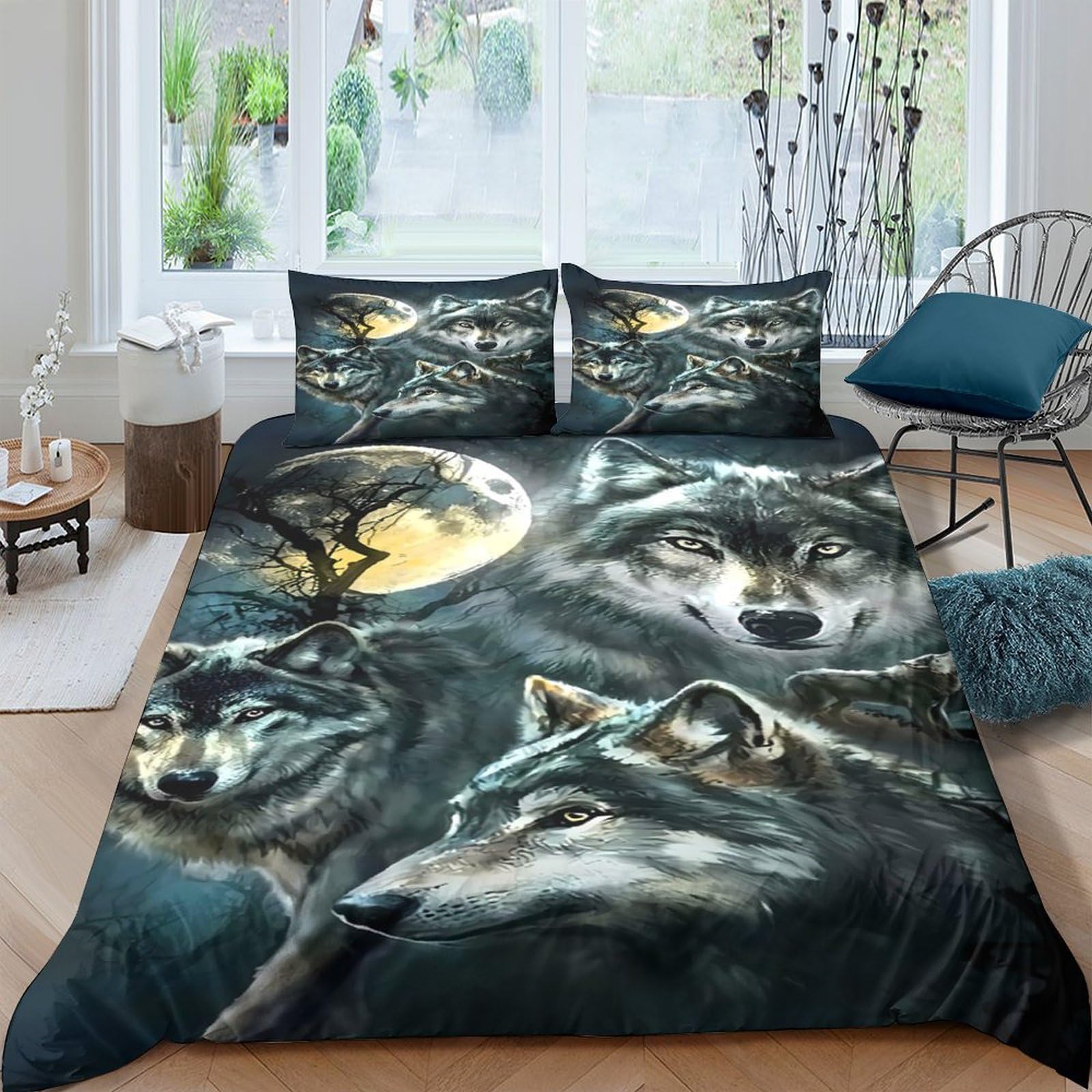 Housse de couette loup anti-plis en microfibre parure de lit 260x220cm sans repassage chambre