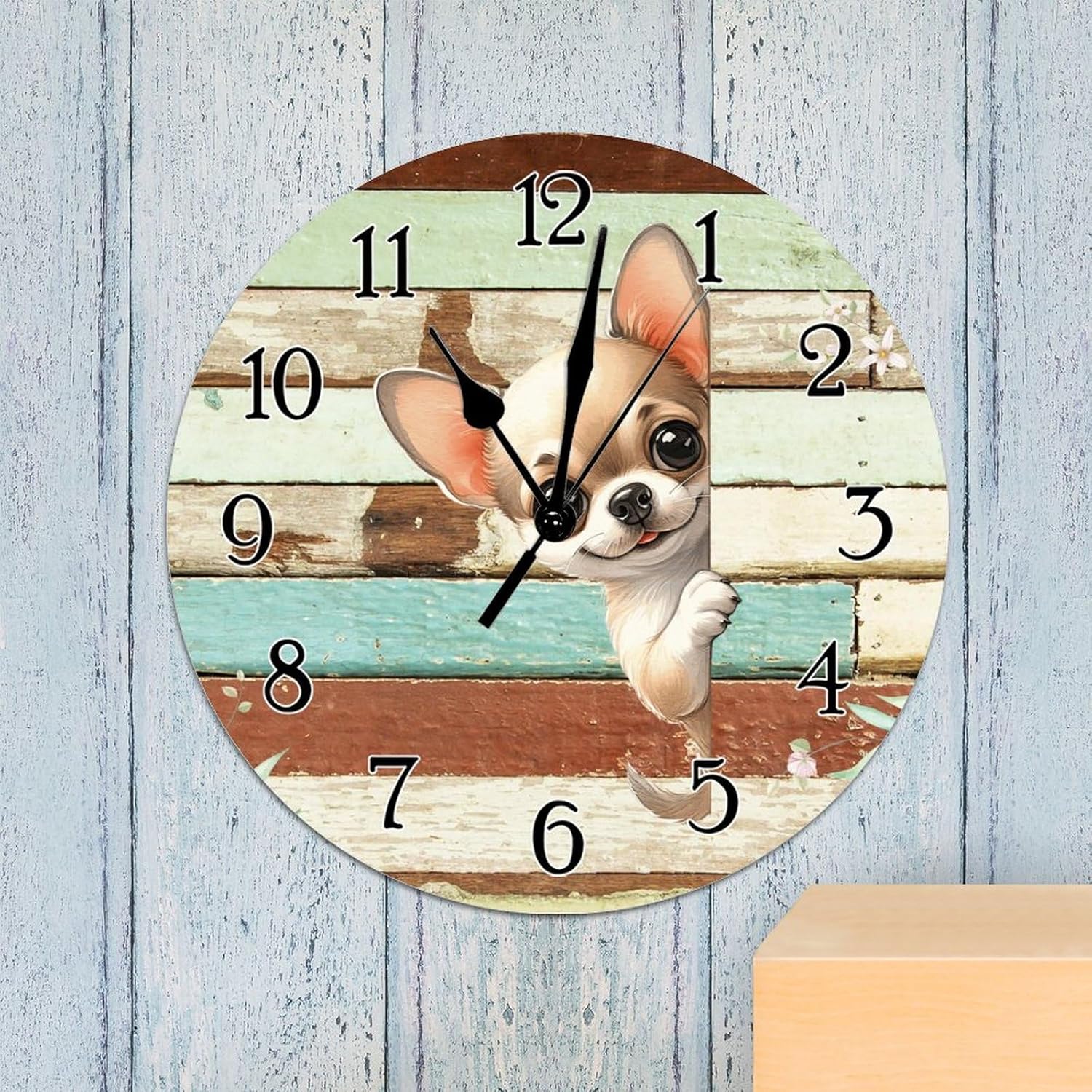 Chihuahua Dog Peeking Around Corner Clocks Chihuahua Wall Clocks Battery Operated Round Wall Clock Puppy Dog Animal Wooden Wall Clock for Bathroom Bedroom 12x12in