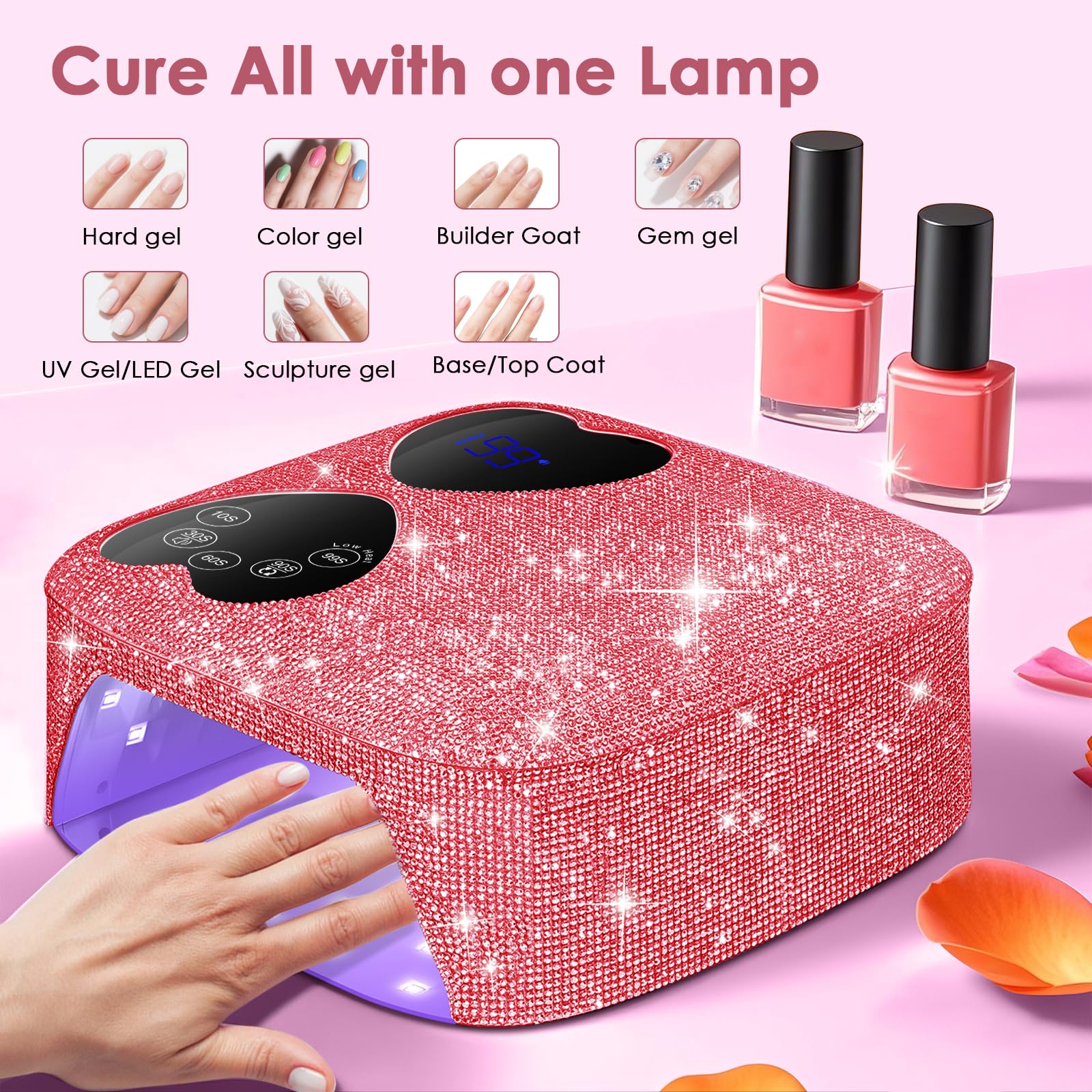 Lámpara LED UV de uñas inalámbrica, 80 W, recargable, para uñas de gel con 5 temporizadores y base de espejo, secador de luz de gel profesional, lámpara de curado de diamantes de imitación