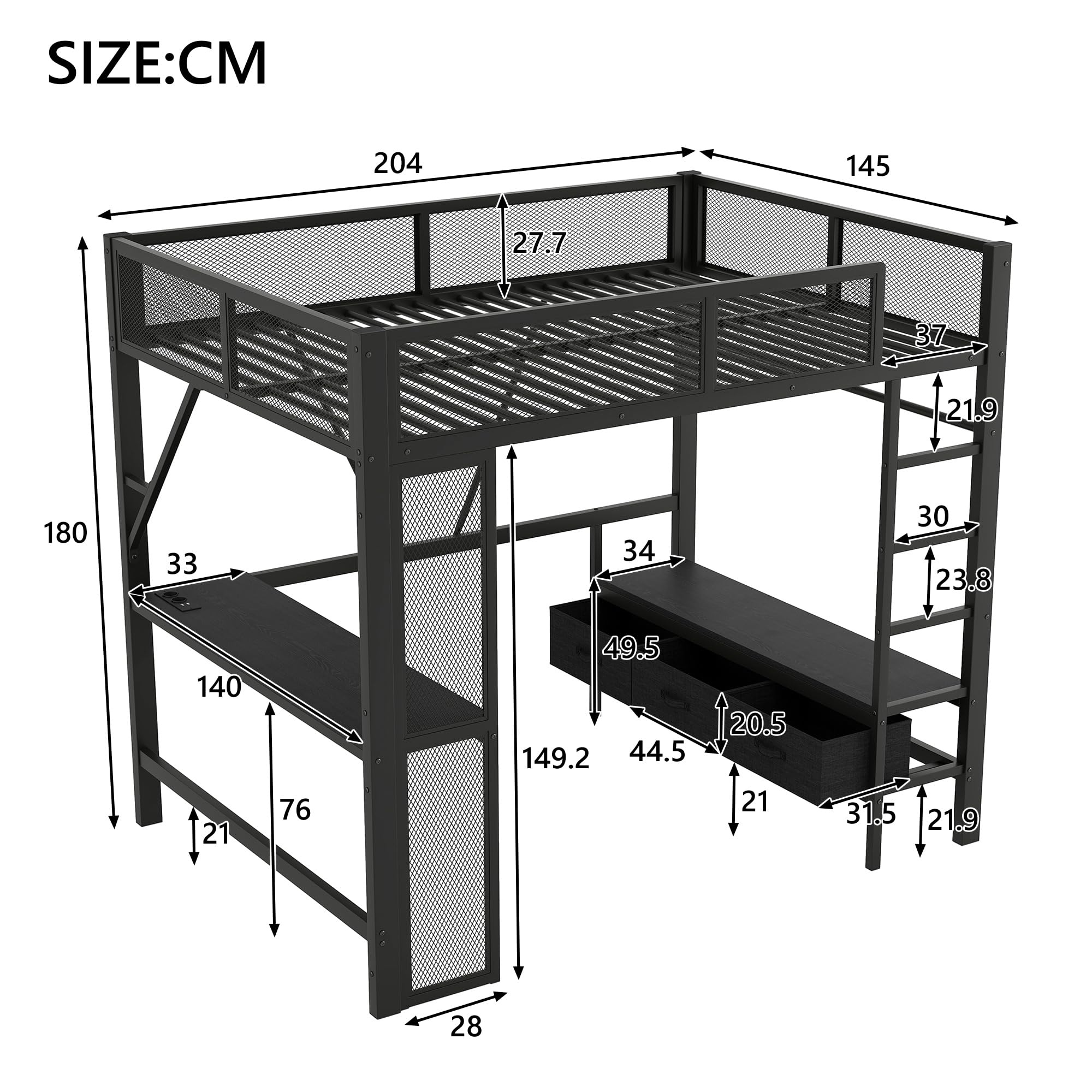 Lit Mezzanine 140x200 cm avec Port USB et Eclairage LED, Lit Bureau avec Armoire Ouverte et 3 Tiroirs à Linge, Lit Hauteur Enfant avec Bureau en Métal, Gain de Place (Noir)