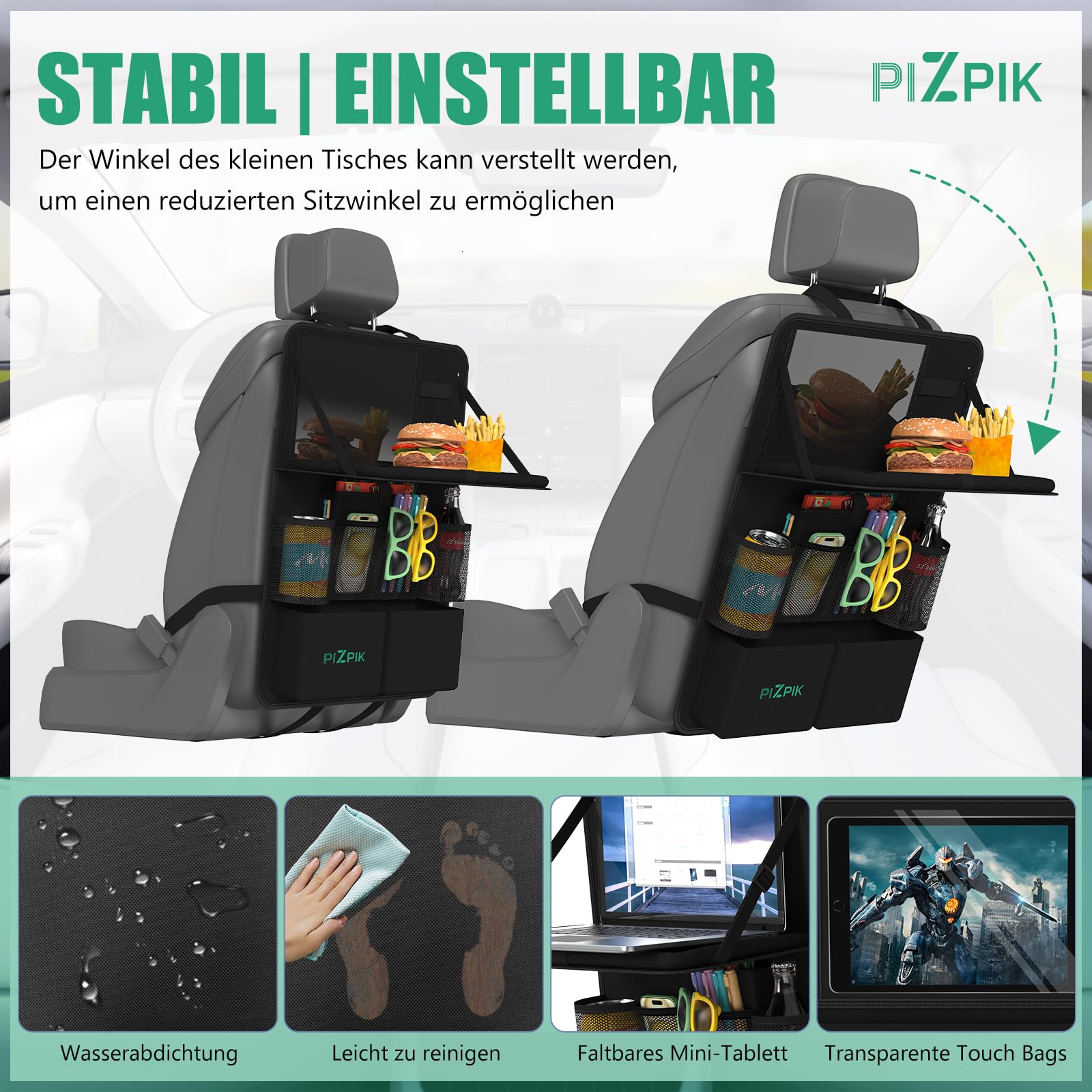 Plzpik Auto Organizer, 2 Große Rückenlehnenschutz, Autositz Organizer Kinder mit Klapptisch, 12 Taschen, Wasserdichter Rücksitzschutz, Auto Reisezubehör (Schwarz, 2 Stück)