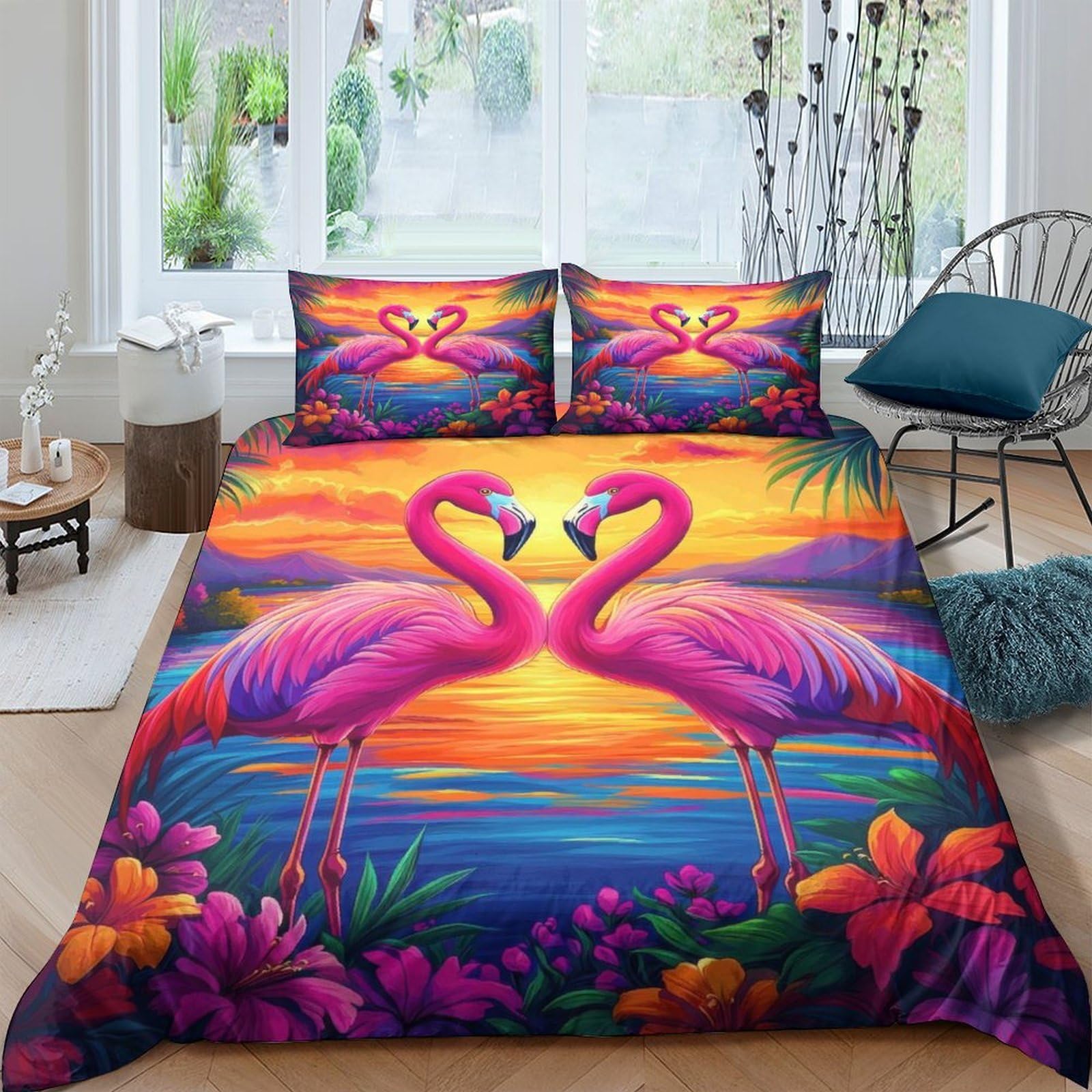 Ctjqhvkz Style-3 3D Printed Sunset Flamingo Fitted Sheet Microfiber Vibrant Mattress Cover For Bedroom Guest Room Decor Protection Single（135X200cm）