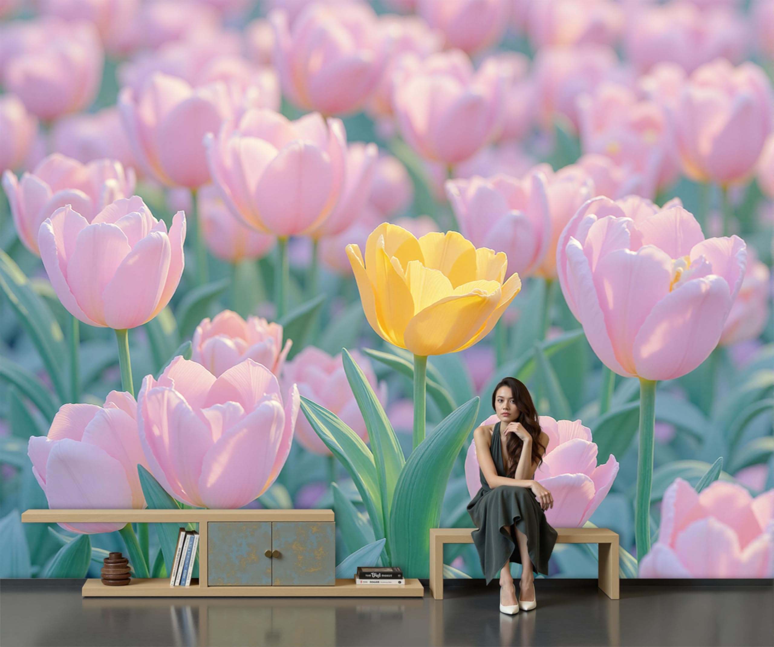 Papier peint soie panoramique rose 450x315cm avec fresque de tulipes pour salon