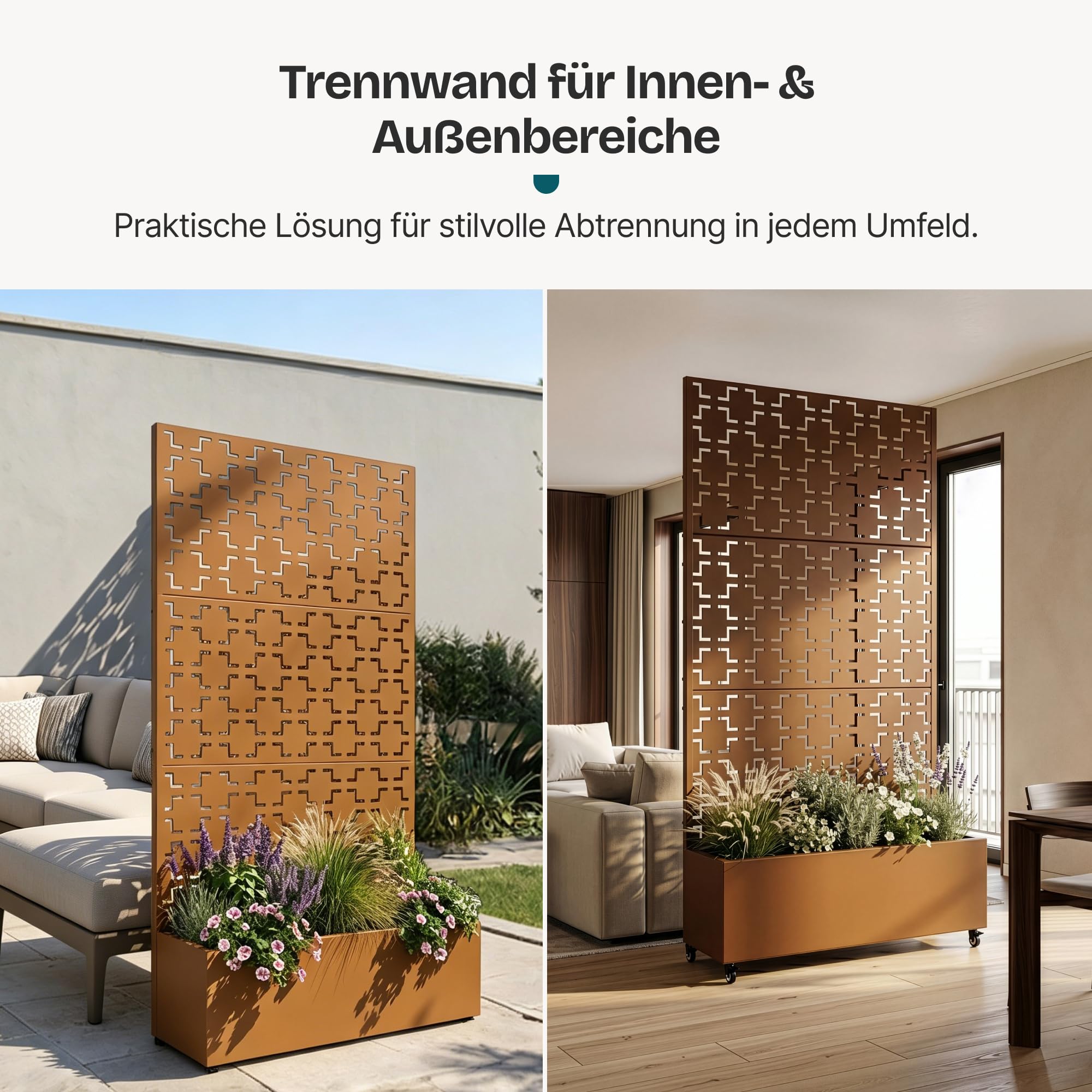 casa.pro Blumenkasten mit Sichtschutz Aaskis Pflanzkübel mit Rankgitter Metall Pflanzkasten Balkon 190 hoch Outdoor Trennwand mit Rollen Garten 190 x 82 x 38 cm Braun
