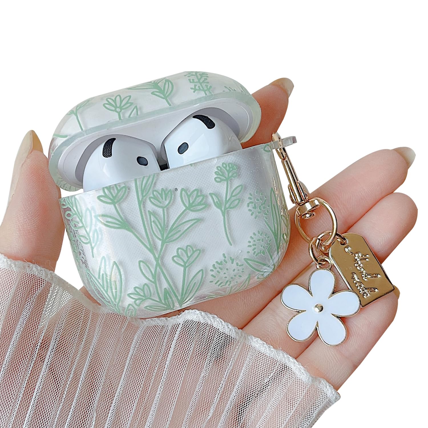 MINSCOSE for AirPods 4 Clear Case,Cute Flower Floral Aesthetic Design with Floral Keychain, Soft TPU Protective Shockproof Case for Women Girl for Airpods 4-Green