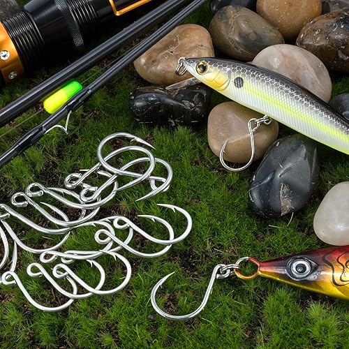 Miniatura 8 de Dr.Fish Paquete de 30 ganchos de repuesto individuales para señuelos duros, anzuelos de pesca en línea, anzuelos de acero de alto carbono, aparejos
