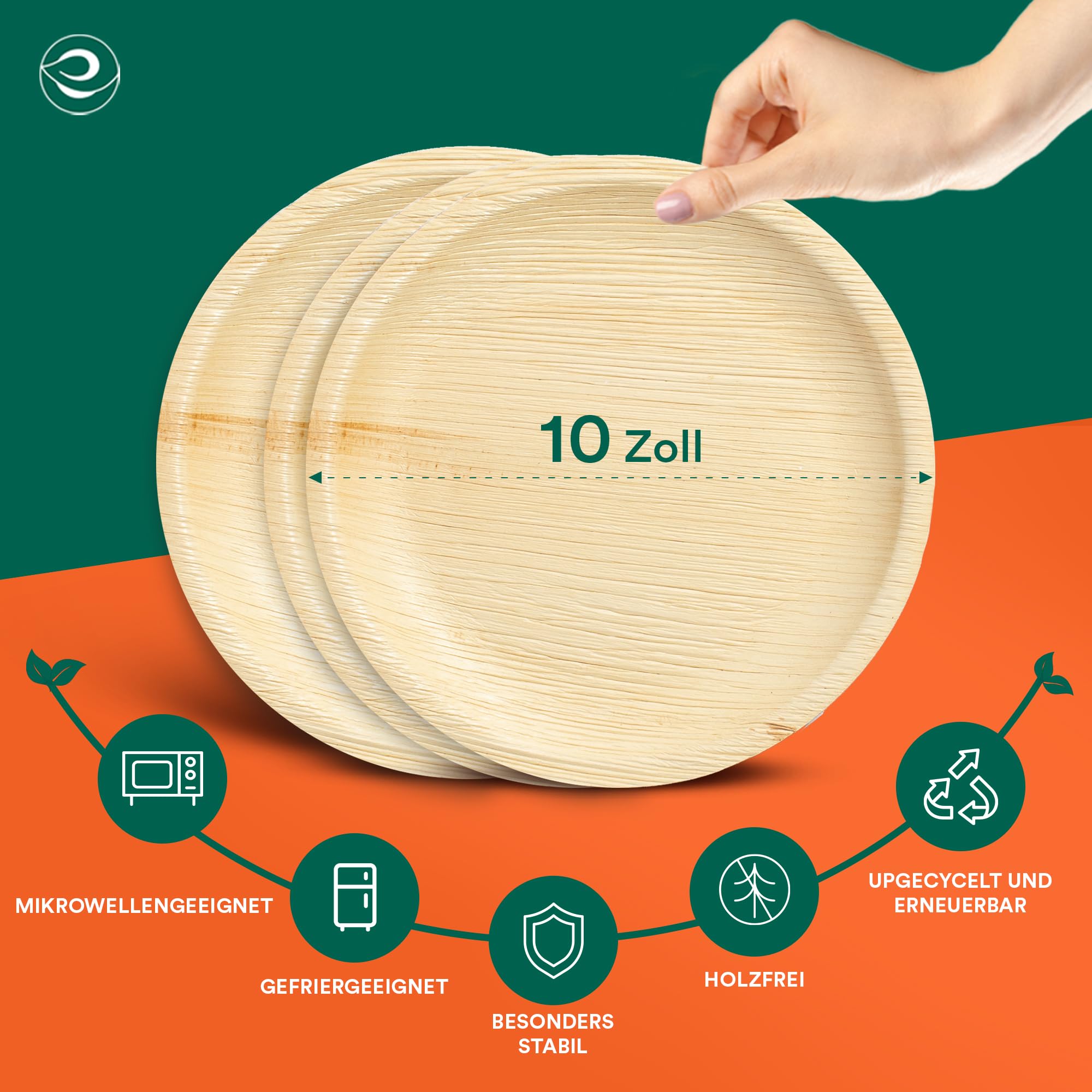 ECO SOUL Bambus teller 10"(25 cm) Palmblatt teller Einwegteller(200 Stück) | 100% natürliches Palmblatt, Extra stabil für heiße & kalte Speisen, Fett & schnittfest, Kompostierbare Alternative zu Plast