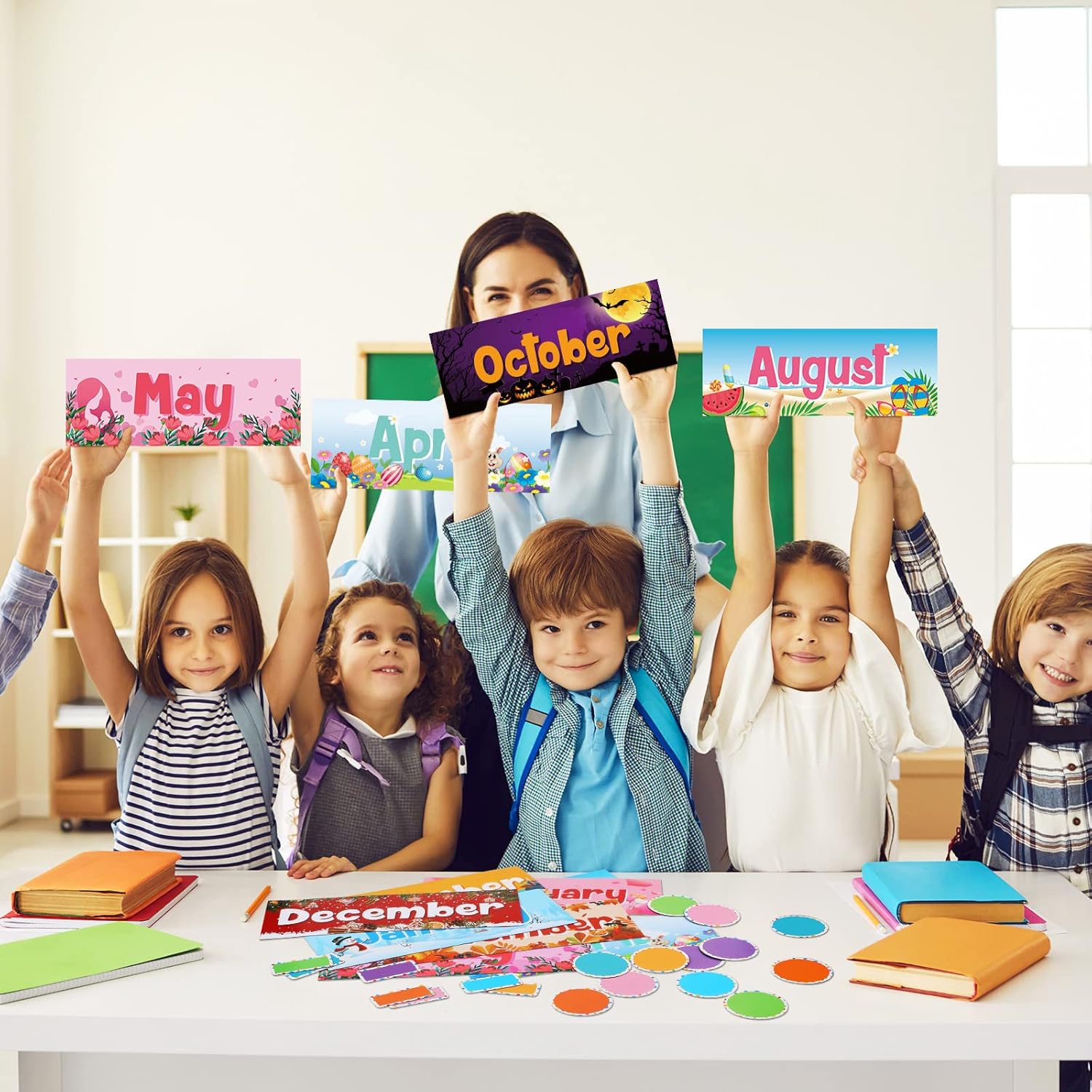 52 Pcs Magnetic Holiday Monthly Headliners Set 12 Seasonal Months of The Year Bulletin Board 31 Writable Round Blank Confetti Accents 7 Writable Rectangle Blank Confetti Accents Label for Classroom : Office Products