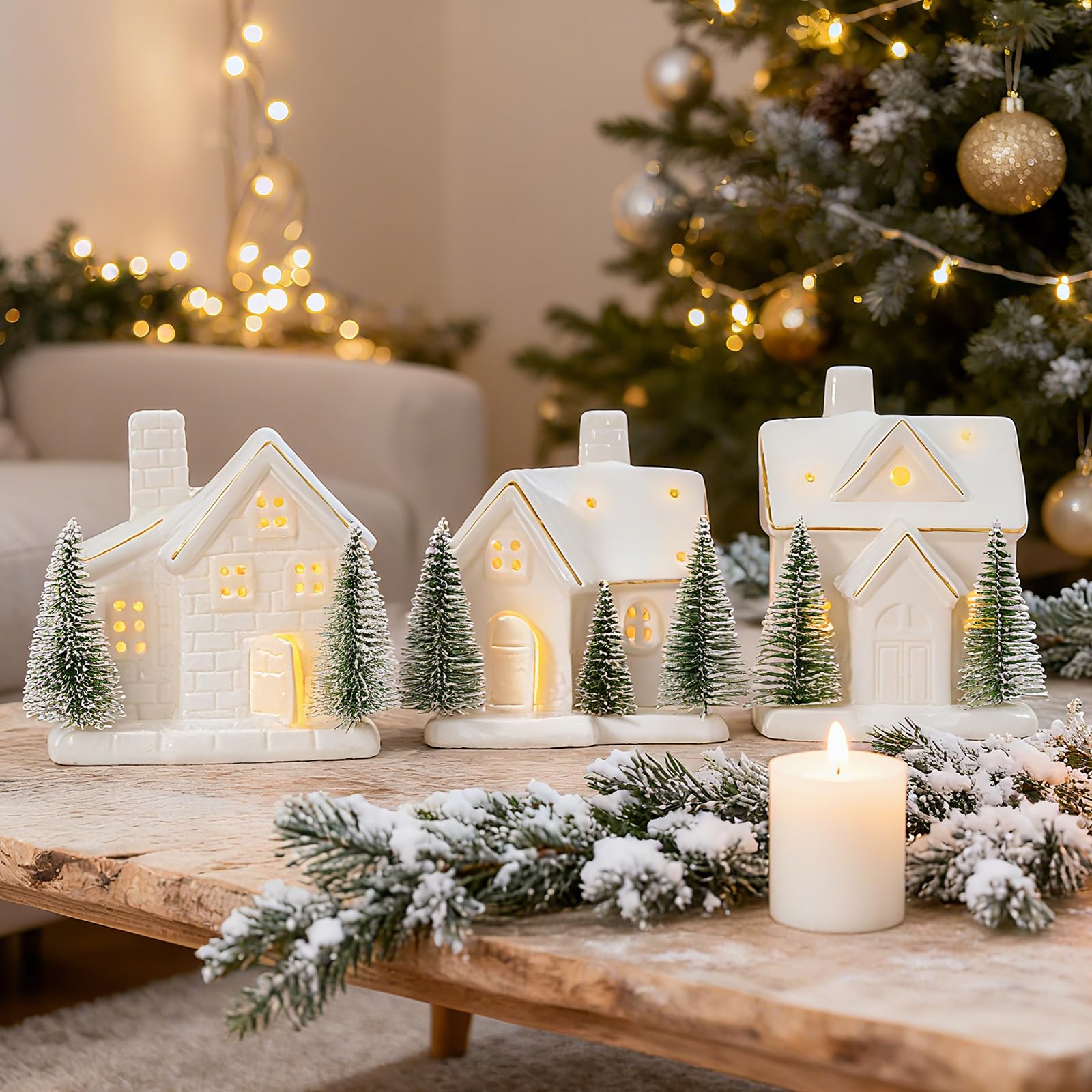 WDS WONDROUS Decoraciones de Navidad iluminadas para casa de pueblo, 3 piezas de cerámica blanca de invierno y árboles de Navidad esmerilados con luces, juego de casas de ciudad de Xams de porcelana