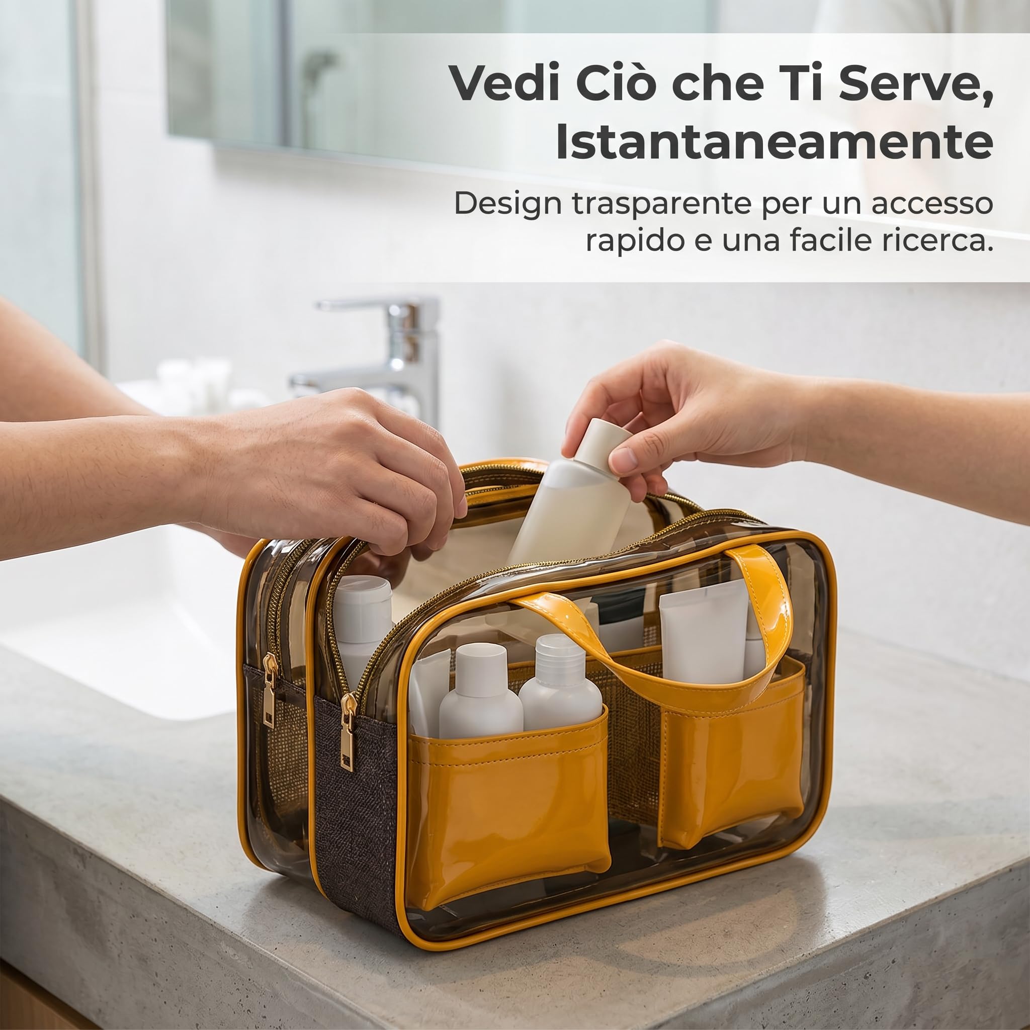 Borsa da Toilette da Impermeabile per Cosmetici con Separazione Asciutto Bagnato, Beauty Case Trasparente, Arancione e Marrone, Arancione