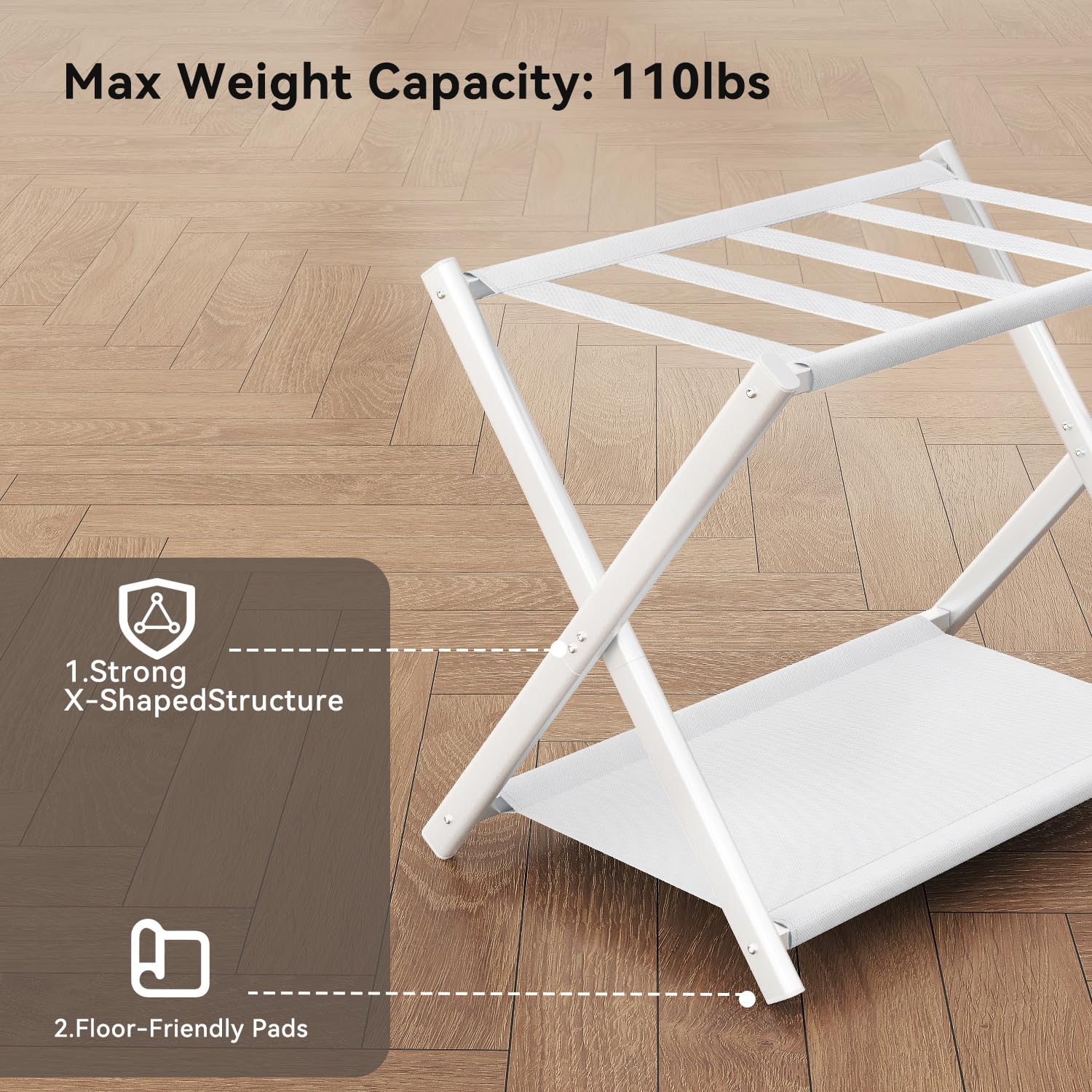 IBUYKE Luggage Rack Foldable Suitcase Stand with Storage Shelf White