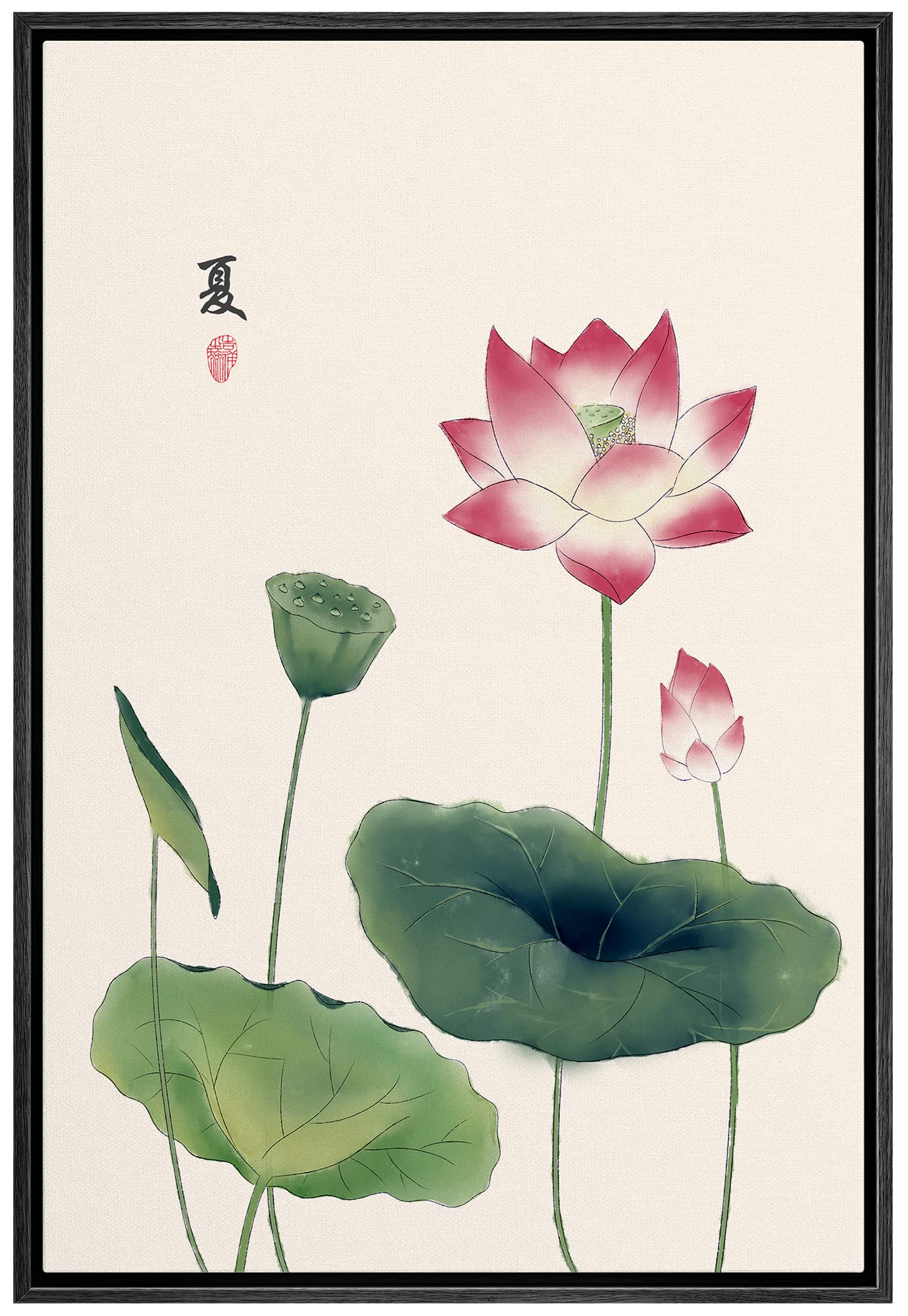 NWT Framed Canvas Print Wall Art Japanese Style Watercolor Pink Lotus Flowers Floral Plants Illustrations Modern Art Rustic Scenic Colorful Pastel for